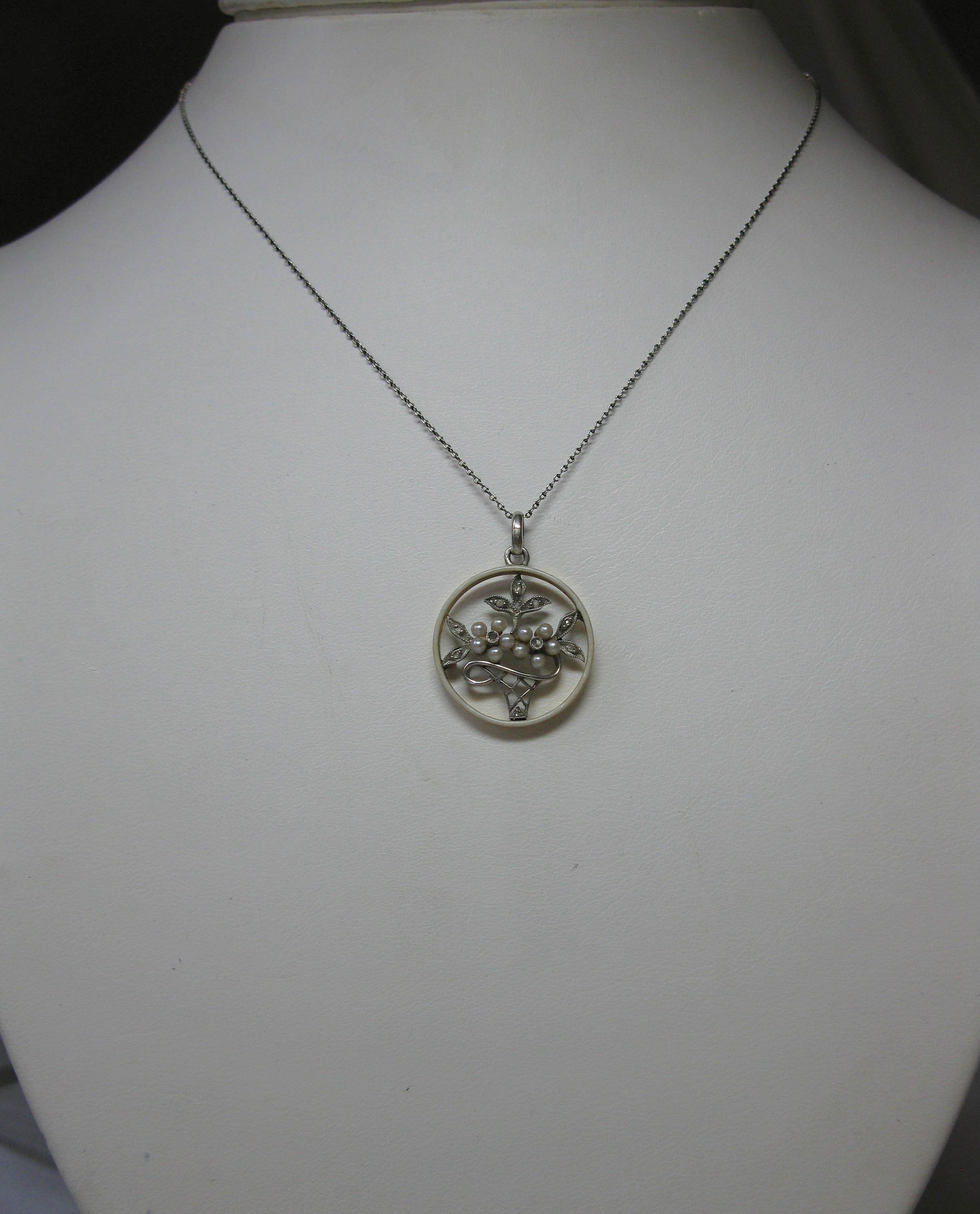 Rose Cut Diamond Platinum Pearl Enamel Flower Basket Necklace Antique Edwardian Victorian For Sale