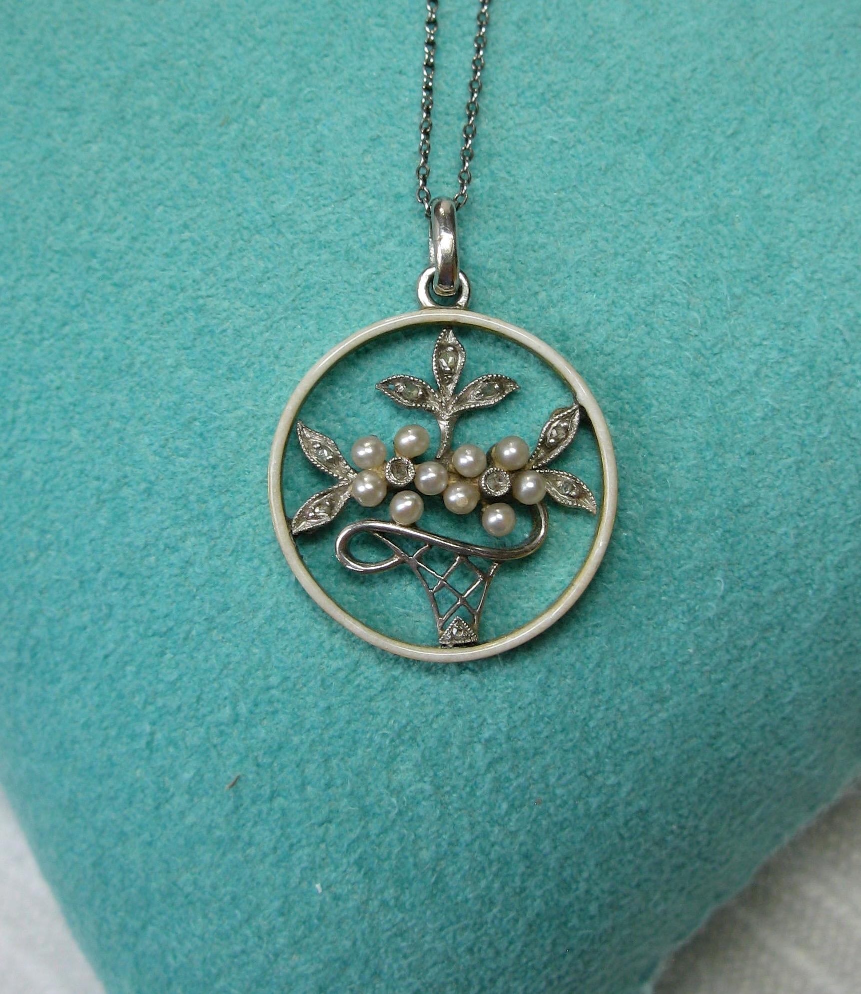 Diamond Platinum Pearl Enamel Flower Basket Necklace Antique Edwardian Victorian In Excellent Condition For Sale In New York, NY