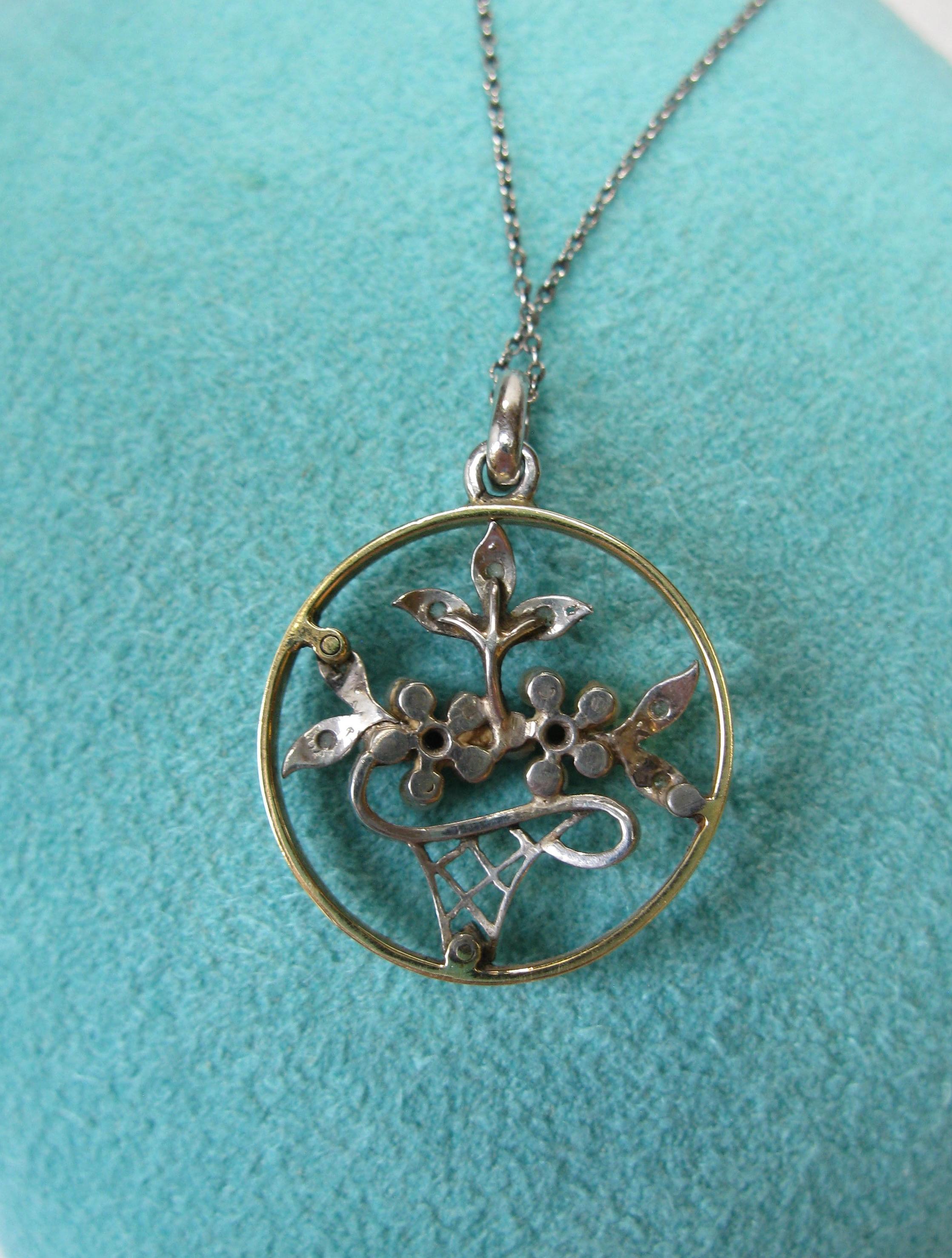 Diamond Platinum Pearl Enamel Flower Basket Necklace Antique Edwardian Victorian For Sale 1