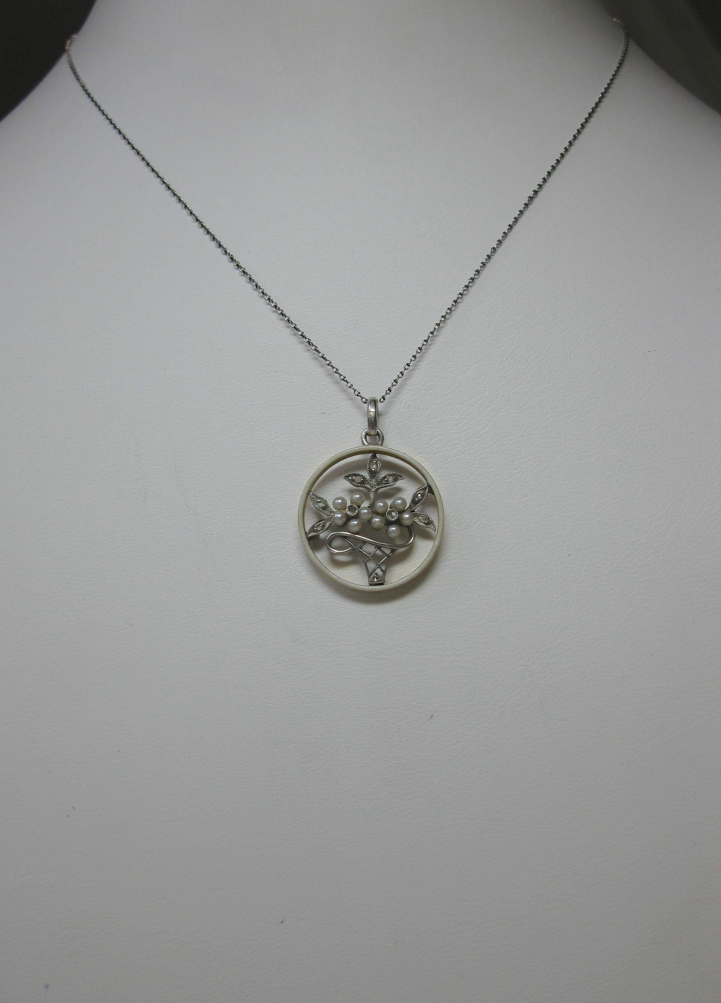 Diamond Platinum Pearl Enamel Flower Basket Necklace Antique Edwardian Victorian For Sale 3