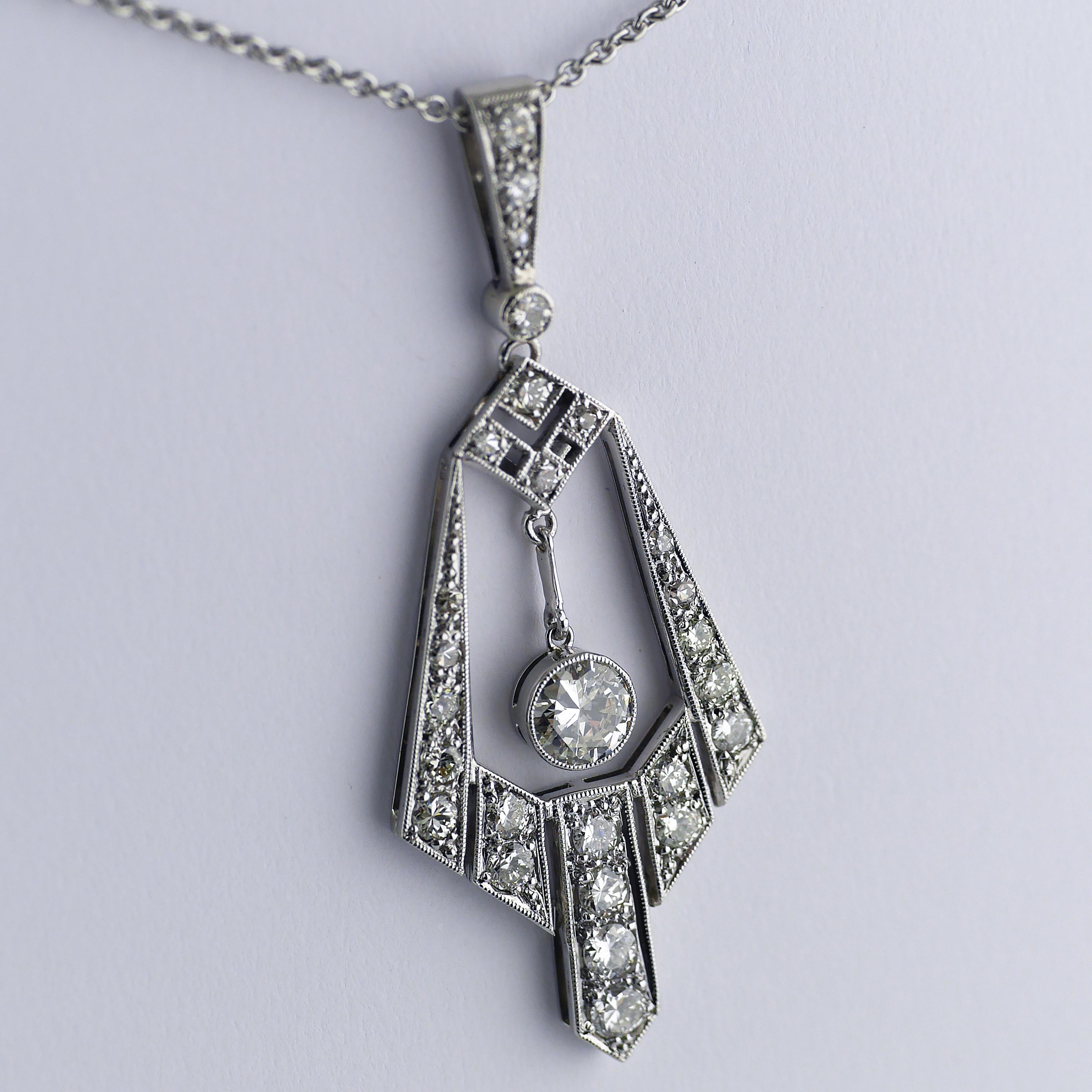Art Deco Diamond Platinum Pendant Necklace, circa 1970 For Sale