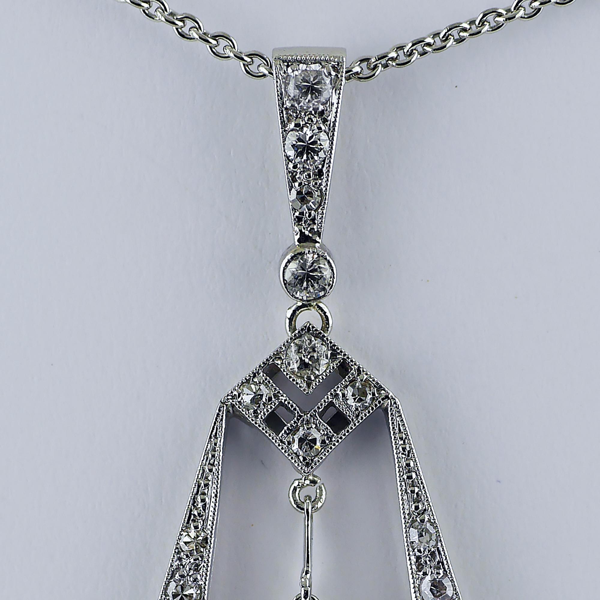 Old Mine Cut Diamond Platinum Pendant Necklace, circa 1970 For Sale