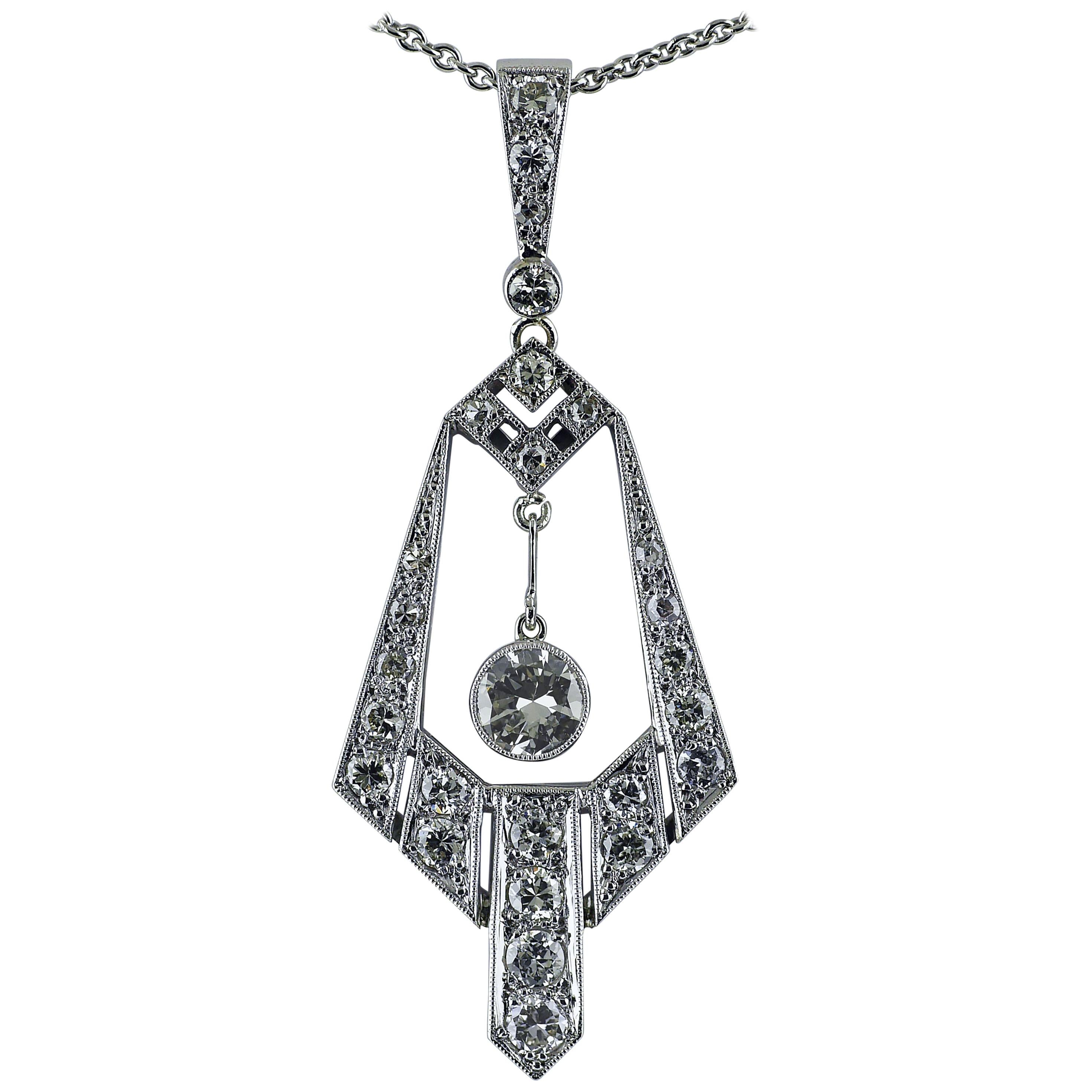 Diamond Platinum Pendant Necklace, circa 1970 For Sale