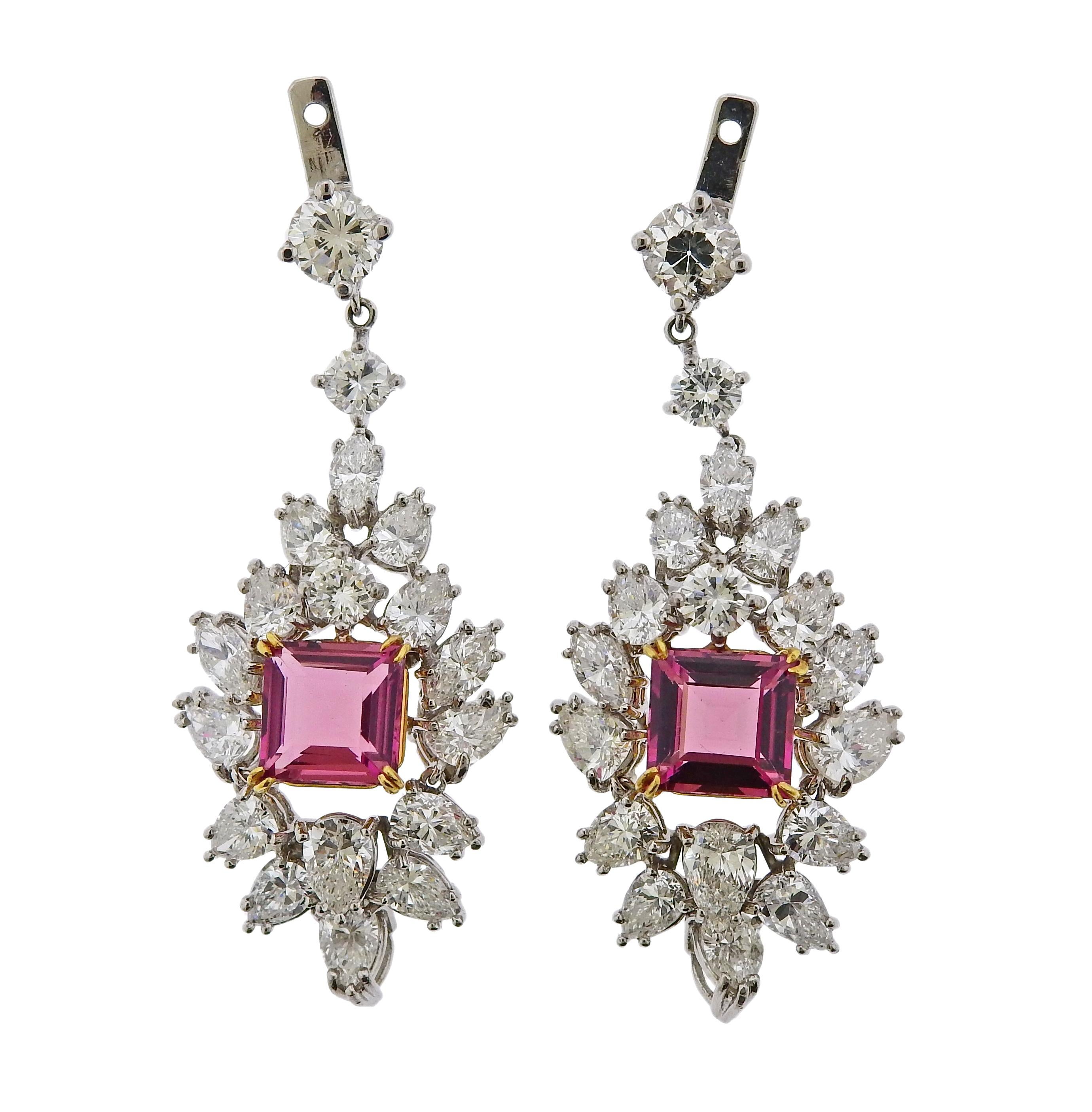 Women's Diamond Platinum Pink Tourmaline Drop Earrings For Sale