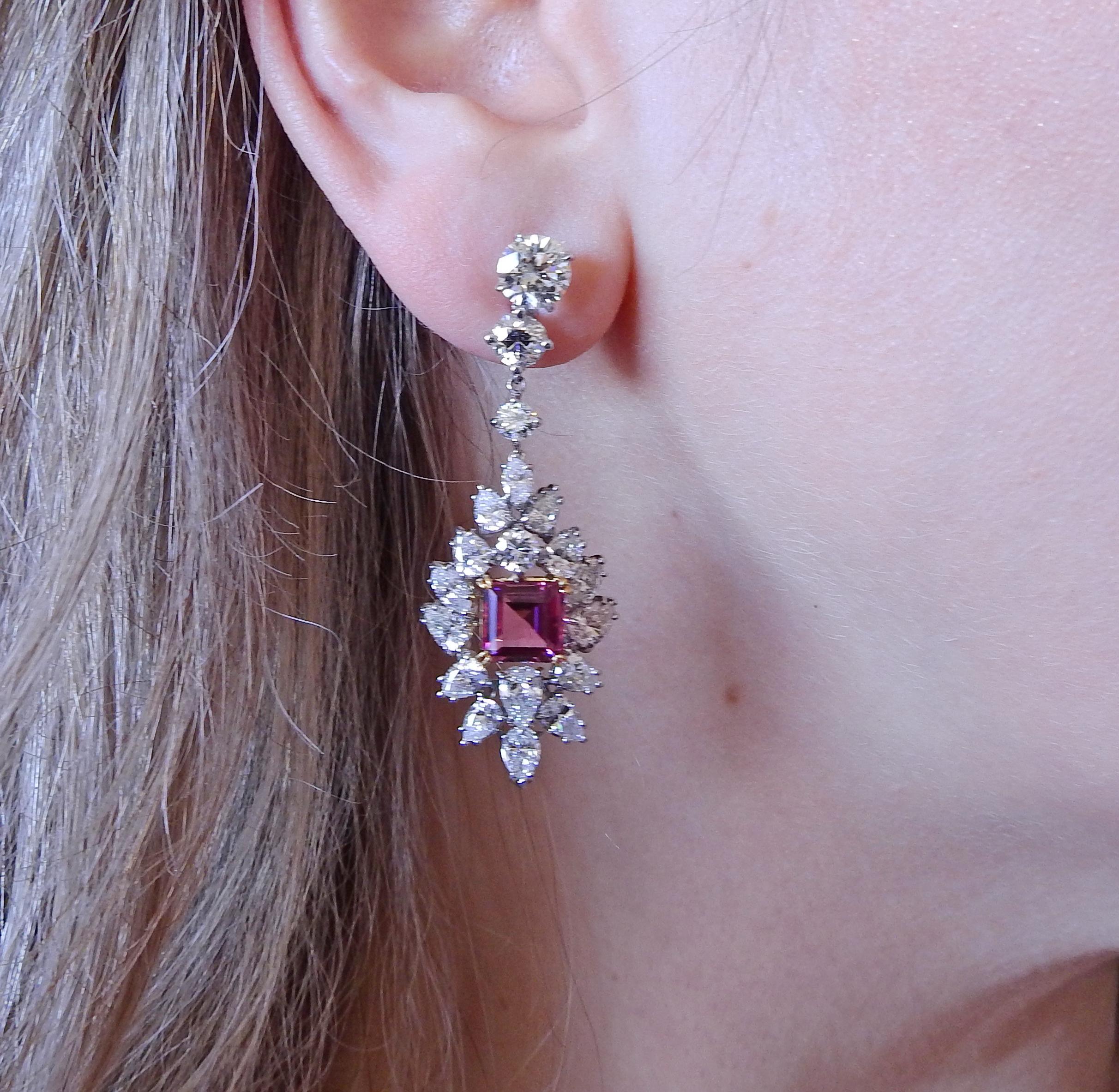 Diamond Platinum Pink Tourmaline Drop Earrings For Sale 1