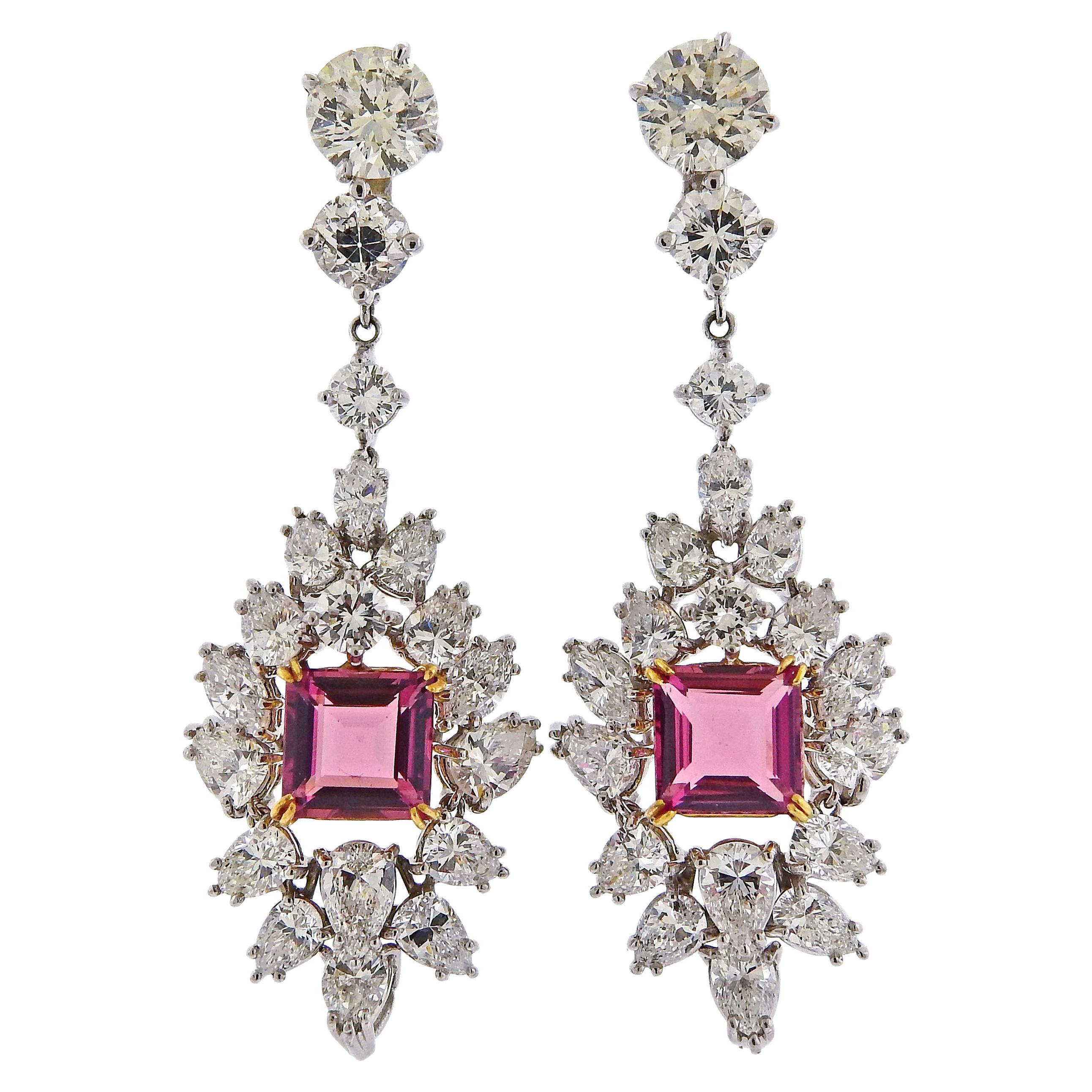 Diamond Platinum Pink Tourmaline Drop Earrings For Sale