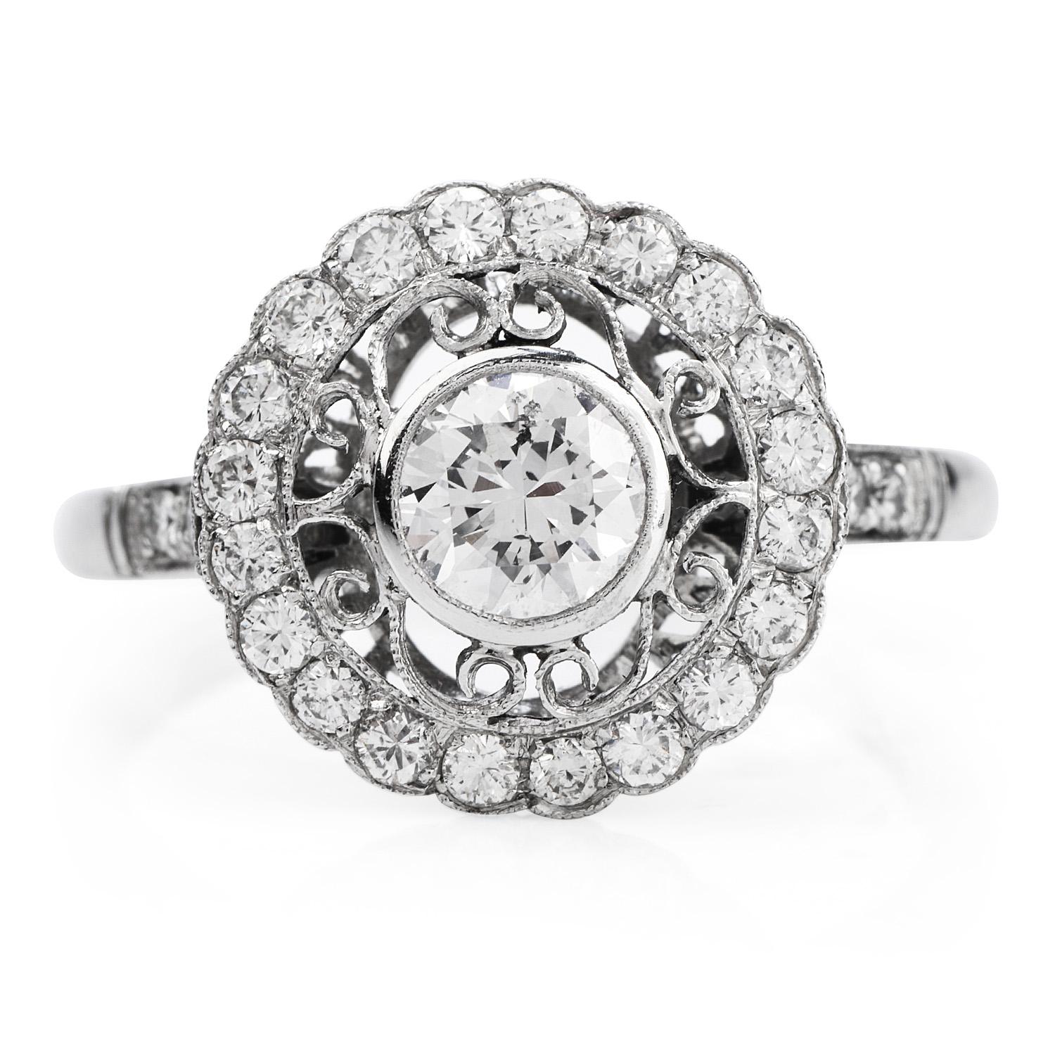 This  art deco  style romantic Diamond Platinum Round Cut Engagement ring will shine brightly on your left hand!  This
delightful ring is crafted in luxurious platinum and weighs approximately 3.5 grams and has an 13-millimeter spread on