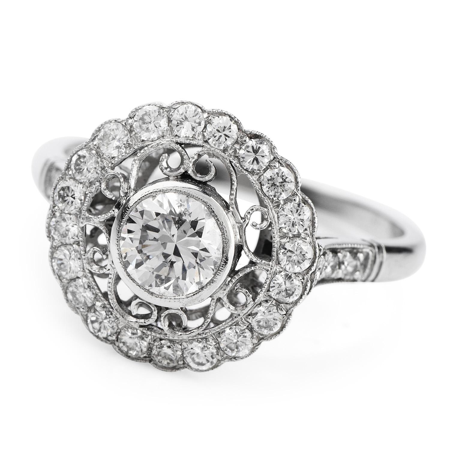 Diamond Platinum Round Cut Halo Engagement Ring In Excellent Condition In Miami, FL