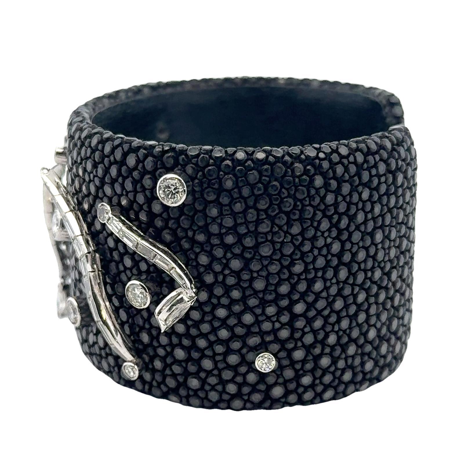 Women's Diamond Platinum Stingray Skin Cuff Modern Bracelet For Sale
