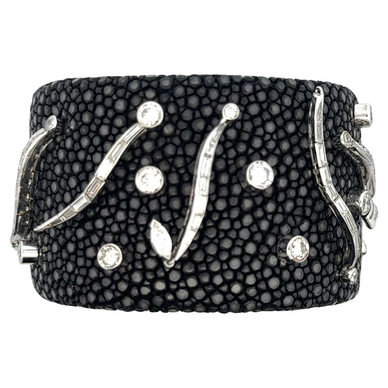 Diamond Platinum Stingray Skin Cuff Modern Bracelet
