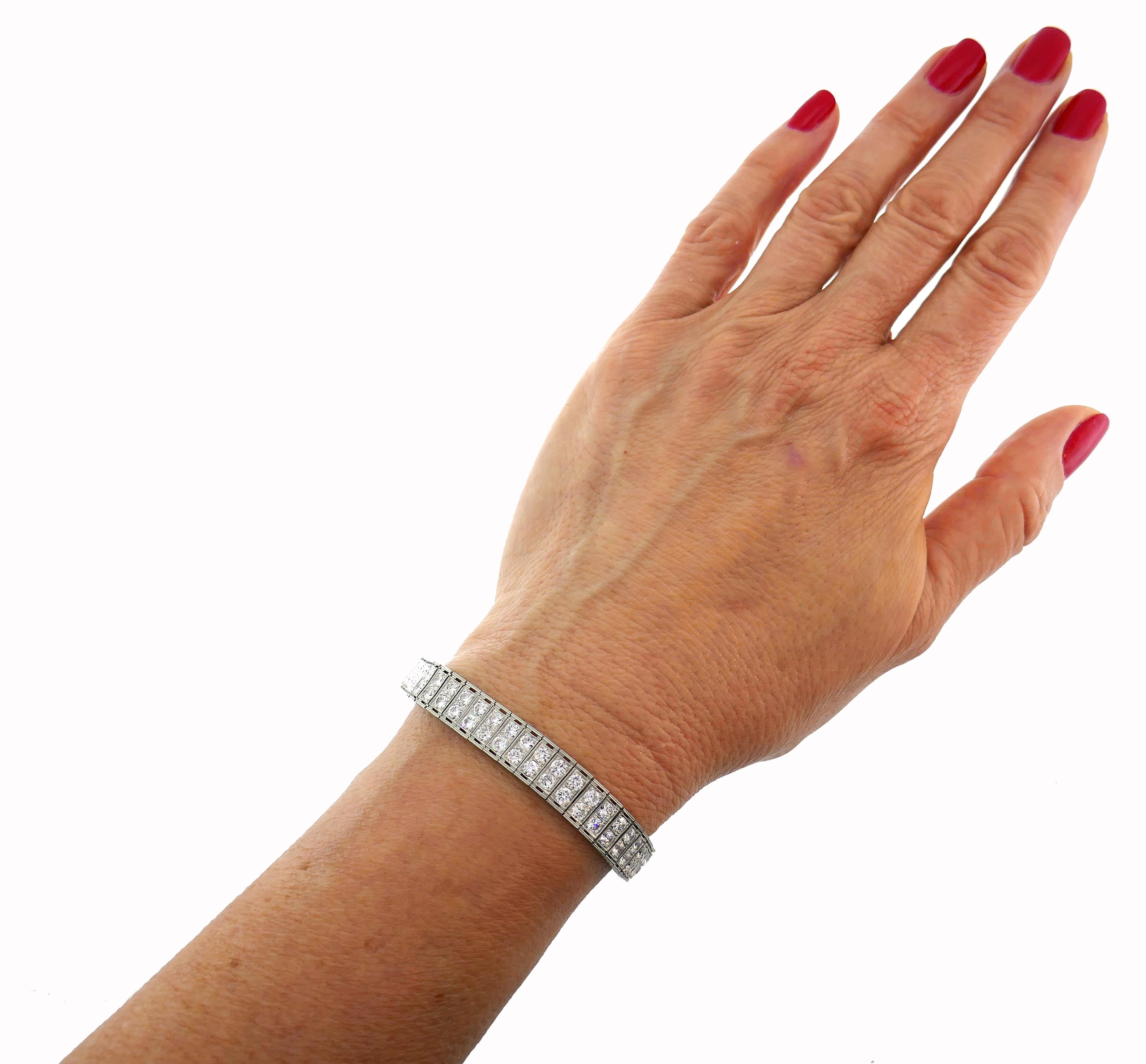 Timeless and classy Art Deco tennis bracelet. Substantial on its own and great for piling up! Never out of style and wearable, the bracelet is a great addition to your jewelry collection. Created in the 1920s. 
The bracelet is made of platinum and