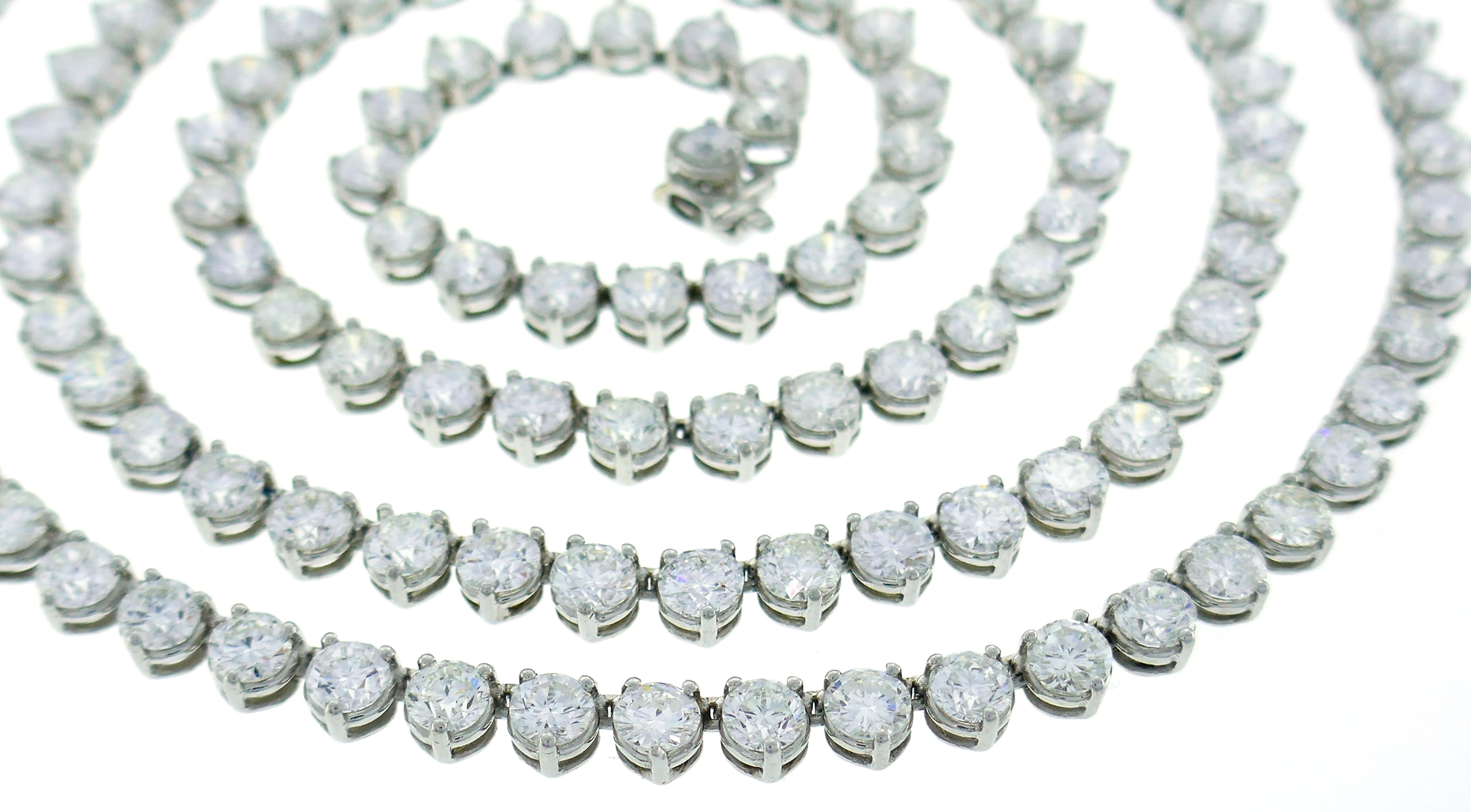 Diamond Platinum Tennis Riviere Necklace Opera Length In Excellent Condition In Beverly Hills, CA