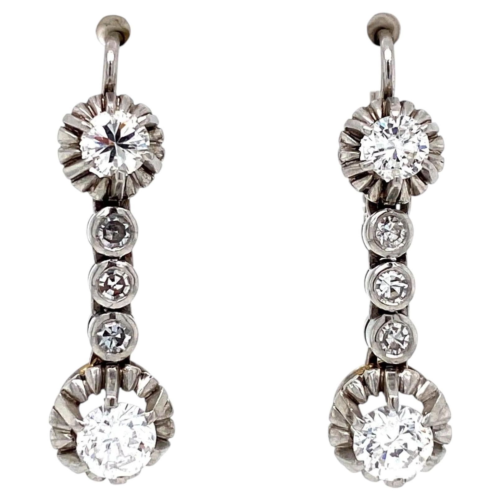 Diamond Platinum Vintage Retro 1950s Drop Earrings Fine Estate Jewelry For Sale
