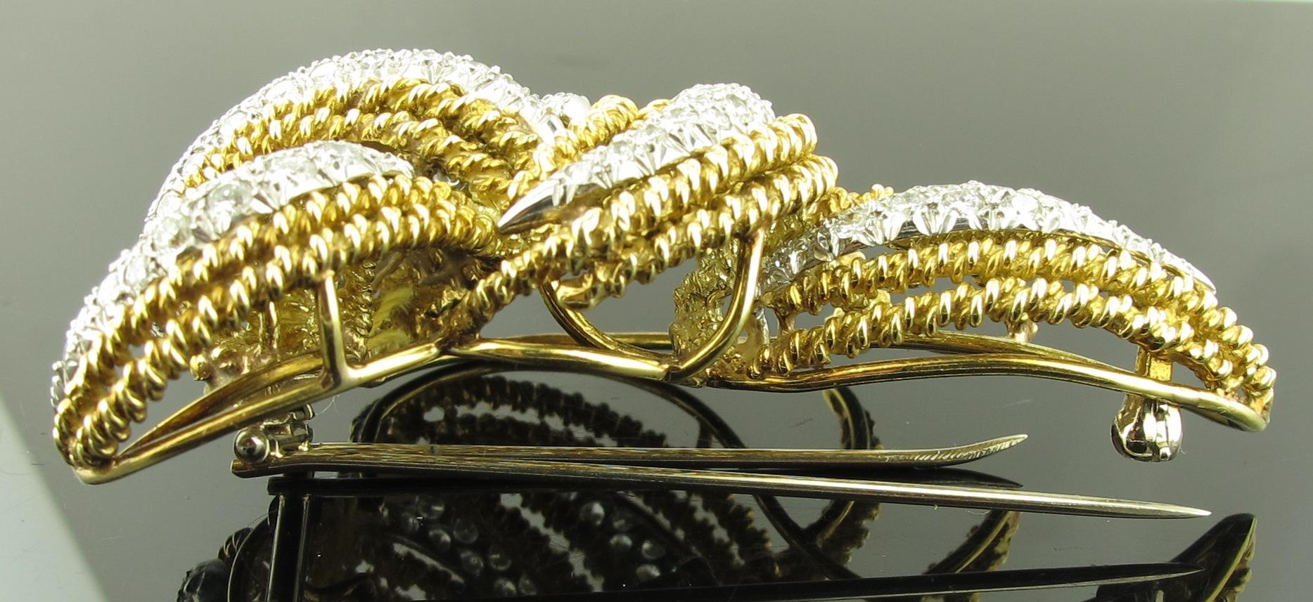 Round Cut Diamond, Platinum and 18 karat yellow gold Woven Brooch For Sale