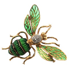 Diamond Plique-à-jour Enamel 18 Karat Yellow Gold Vintage Bee Brooch Pin