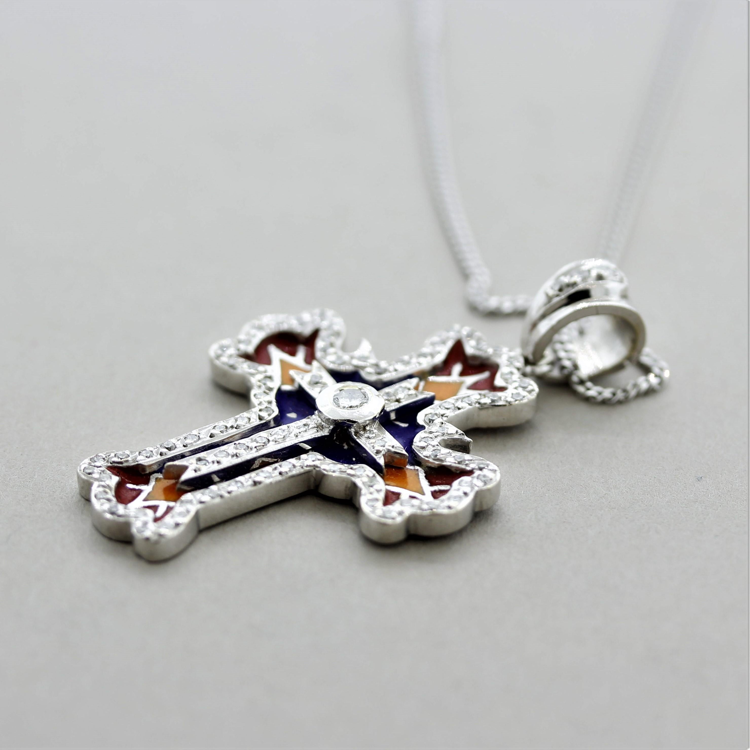 Women's or Men's Diamond Plique-a-Jour Enamel Gold Cross Pendant For Sale