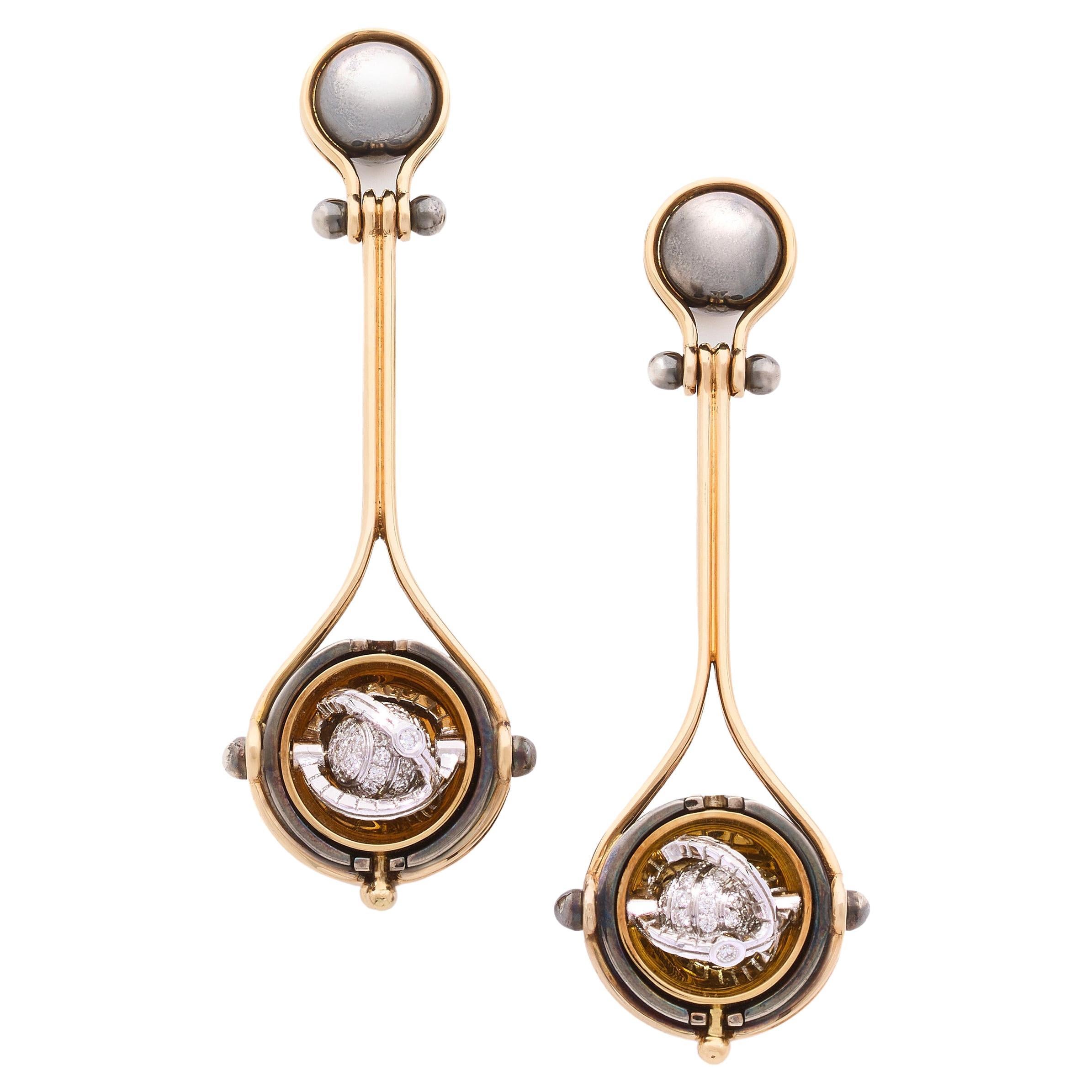 Diamond Pluton Earrings in 18k Yellow Gold & Distressed Silver by Elie Top