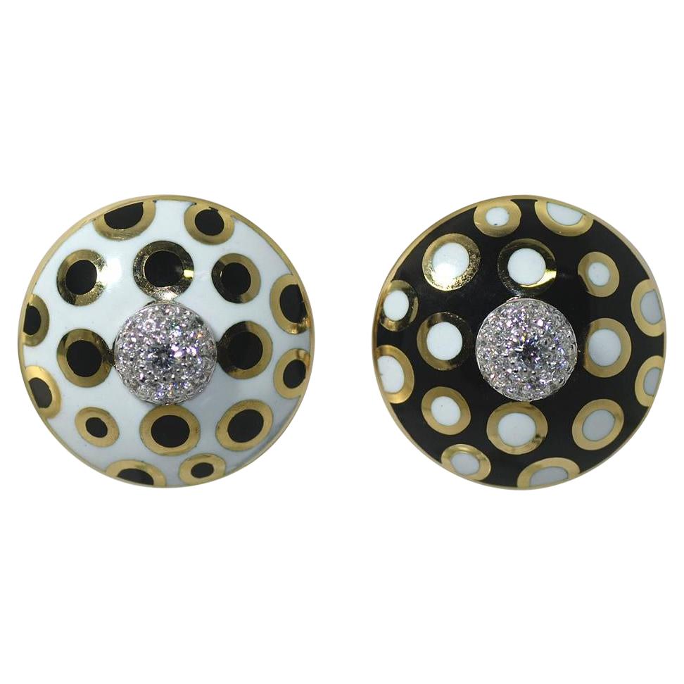 Diamond Polka Dot Black and White Enamel 18 Kt Yellow Gold Earrings