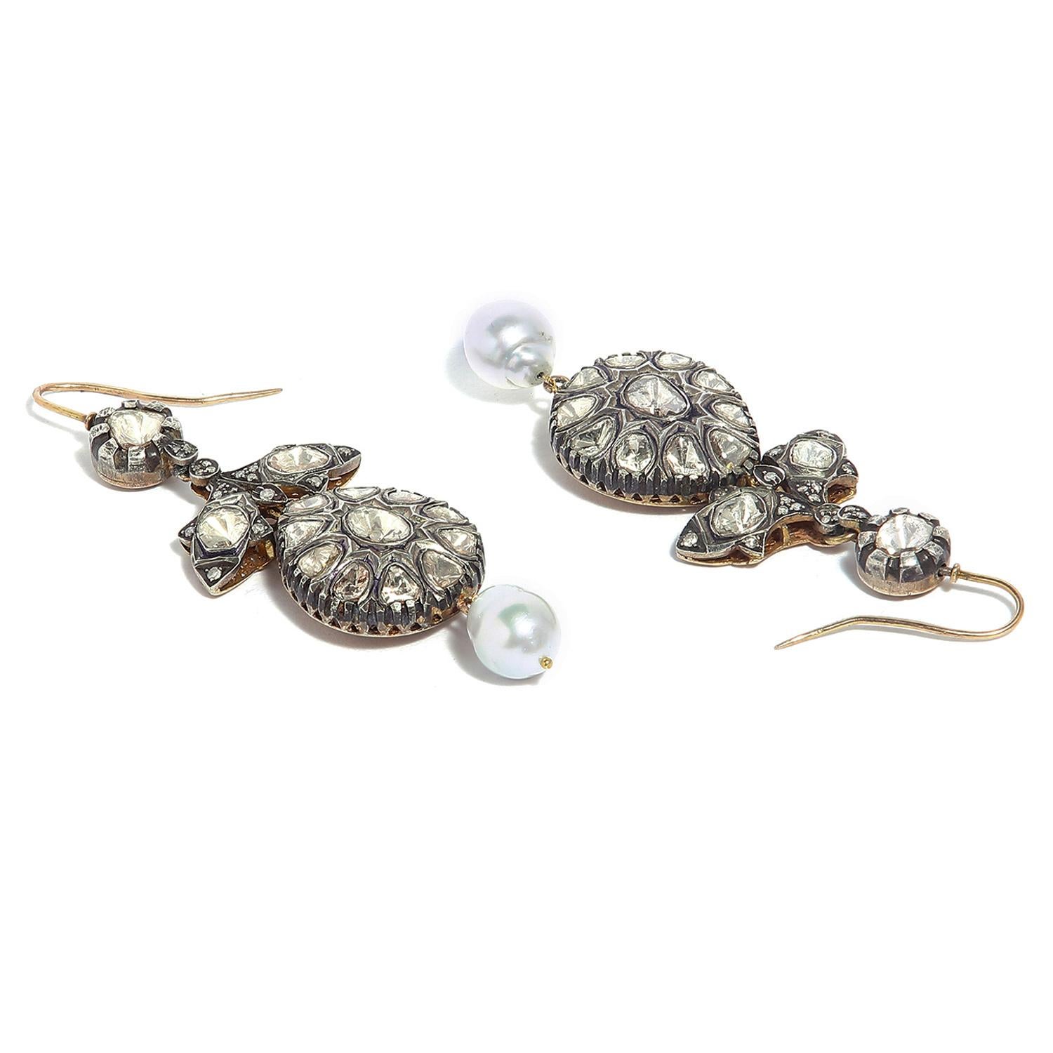 Mixed Cut Diamond polki and pearl ear rings by Vintage intention For Sale