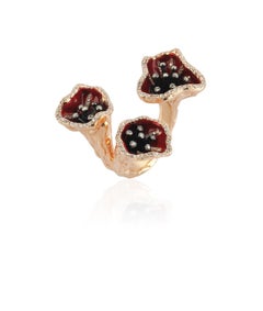 Diamond Poppy Flower Red Enamel Gold Ring