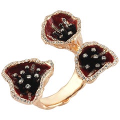 Diamond Poppy Flower Red Enamel Gold Ring