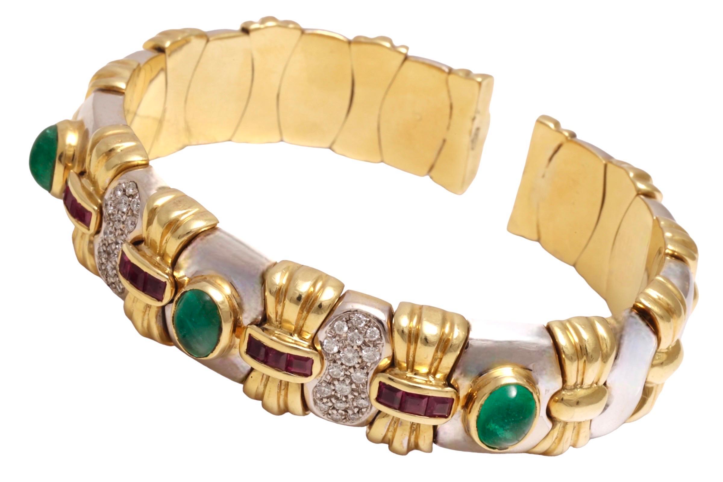Women's or Men's Diamond & Precious Stones Flexible Bangle Bracelet in 18kt White and Yellow Gold