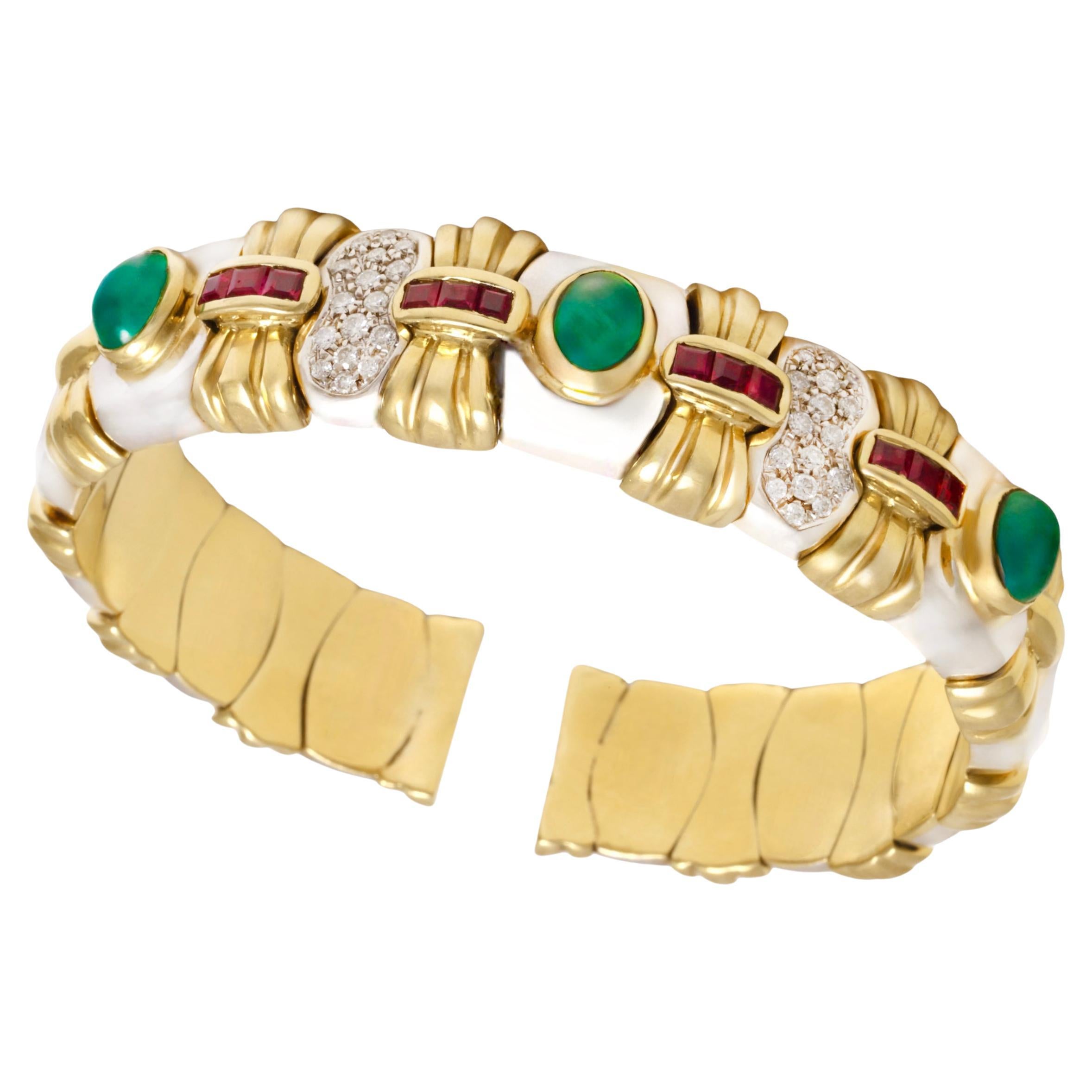 Bracelet jonc souple en or blanc et jaune 18 carats avec diamants et pierres précieuses