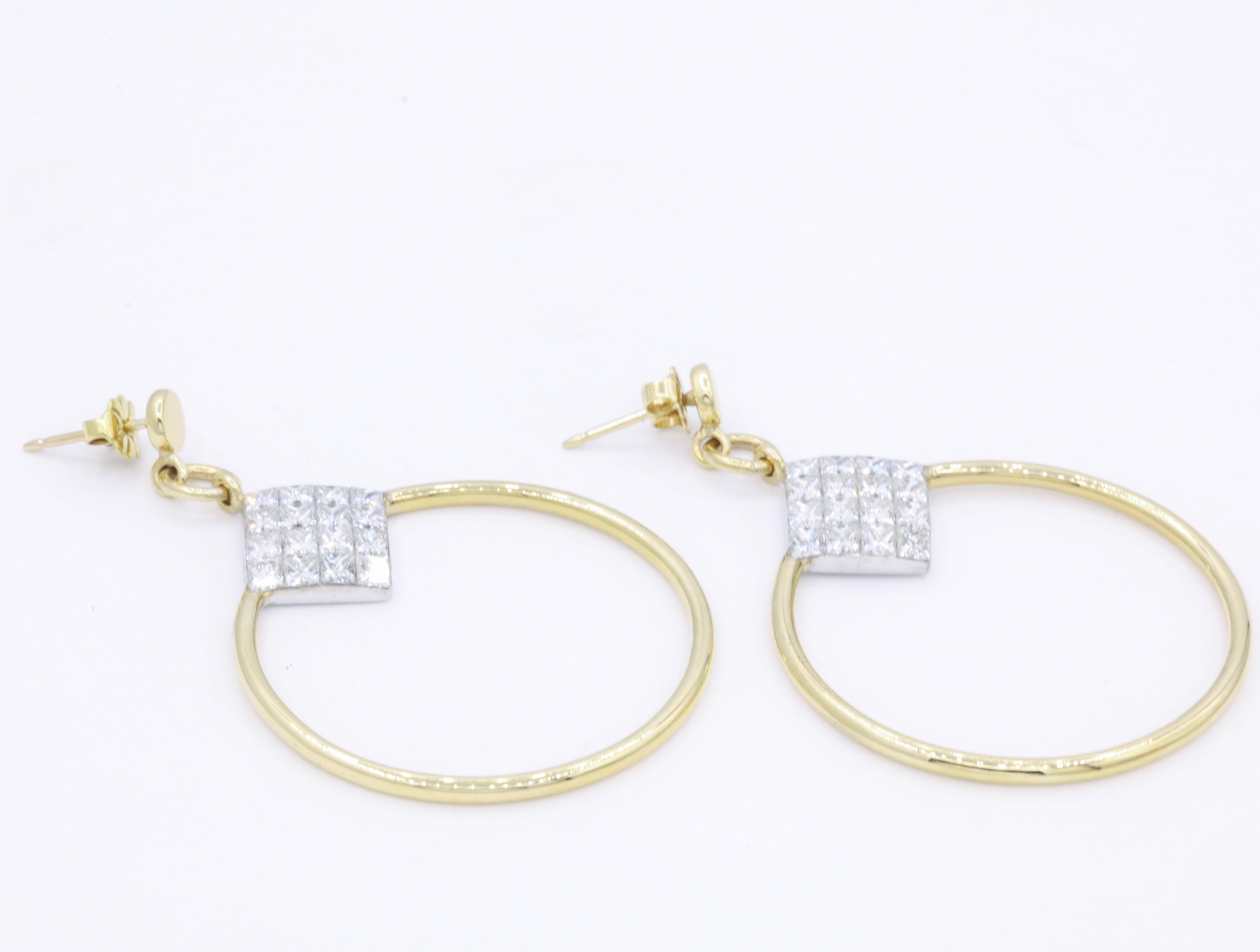 Contemporary Diamond Princess Cut Hoop Earrings 4 Carat 18K Gold For Sale