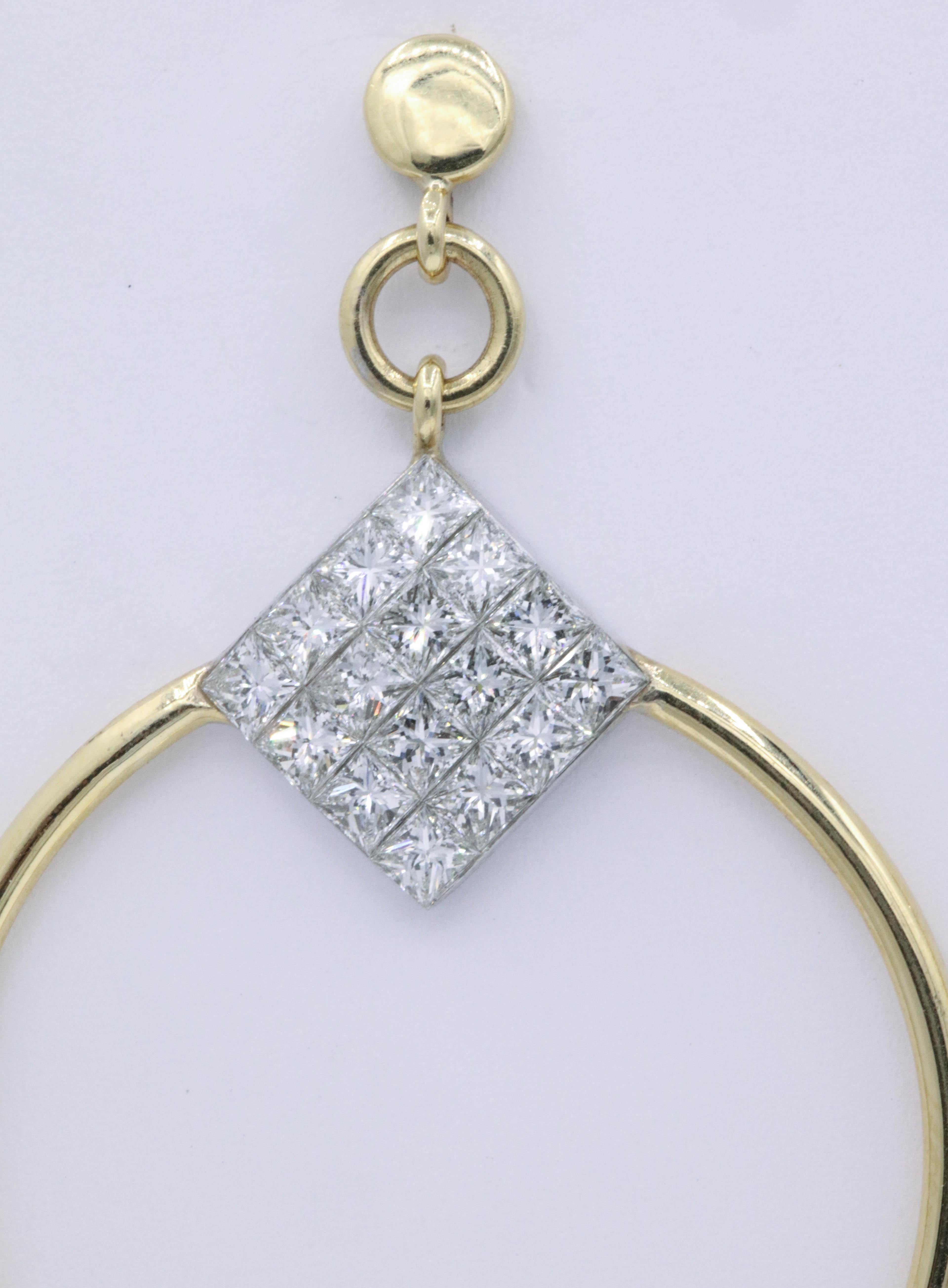 Diamond Princess Cut Hoop Earrings 4 Carats 18 Karat Yellow Gold G-H SI In New Condition For Sale In New York, NY
