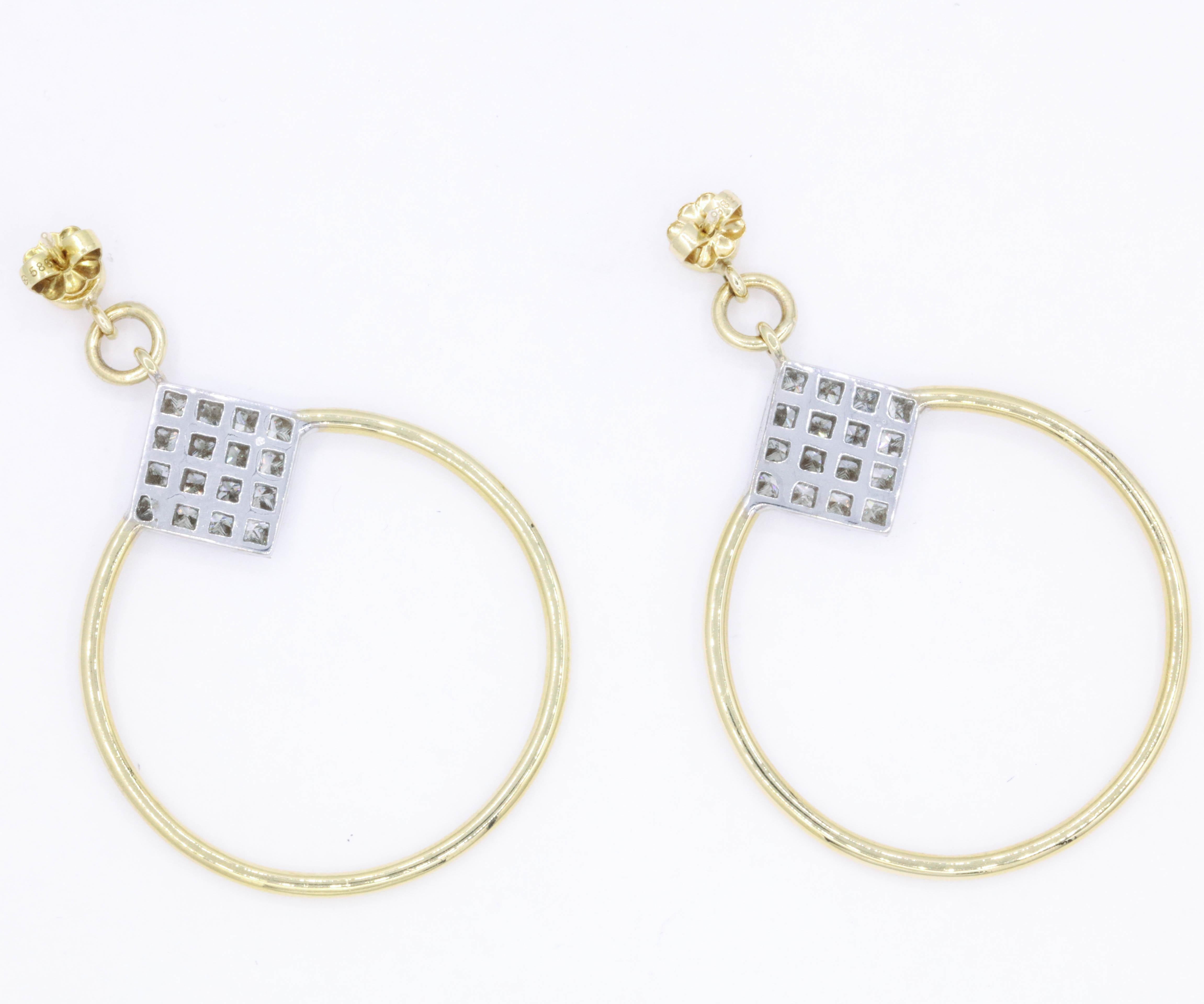 Women's Diamond Princess Cut Hoop Earrings 4 Carat 18K Gold For Sale