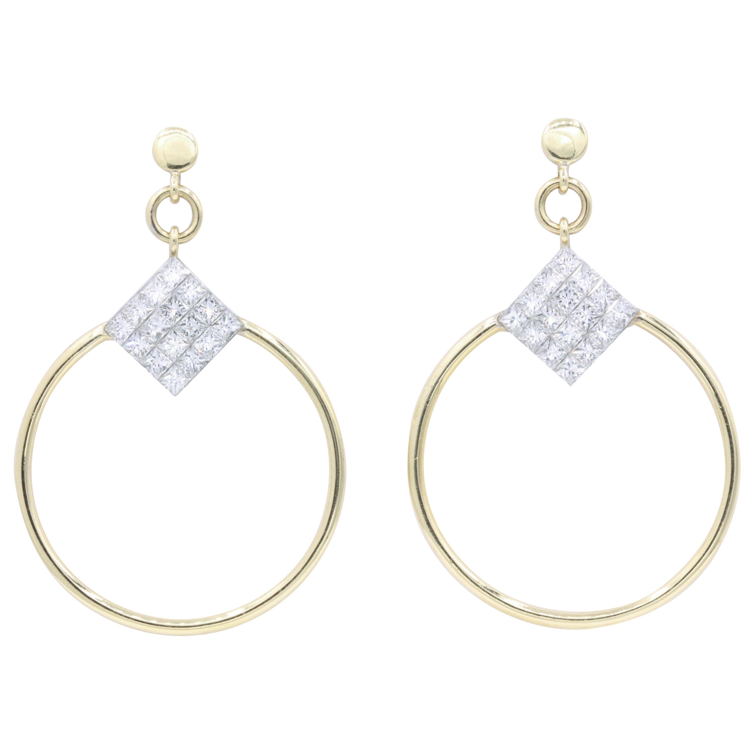 Diamond Princess Cut Hoop Earrings 4 Carat 18K Gold For Sale
