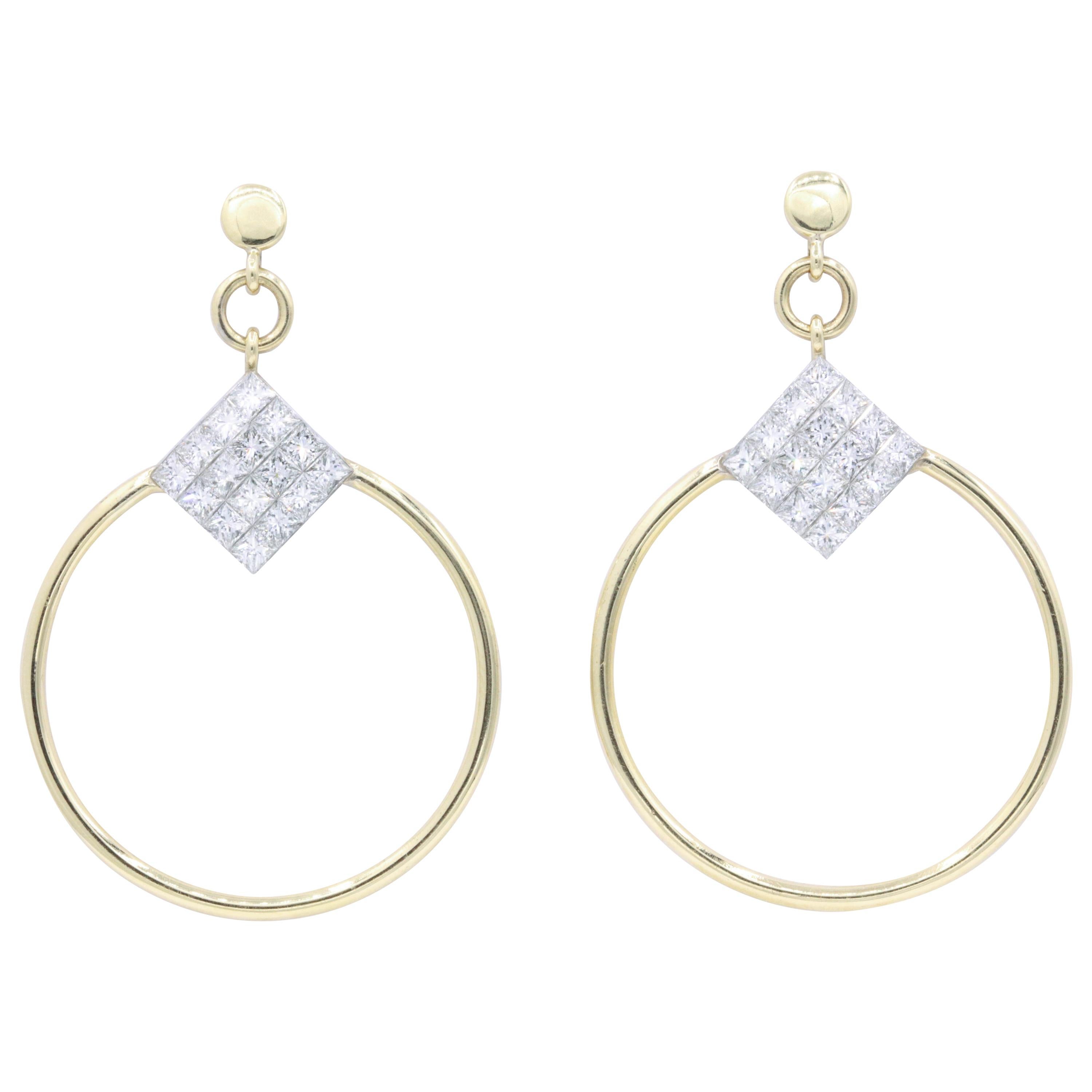 Diamond Princess Cut Hoop Earrings 4 Carats 18 Karat Yellow Gold G-H SI For Sale