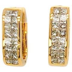 Diamond Princess Cut Huggies 1.60 Carats Earrings in 14k Yellow Gold.