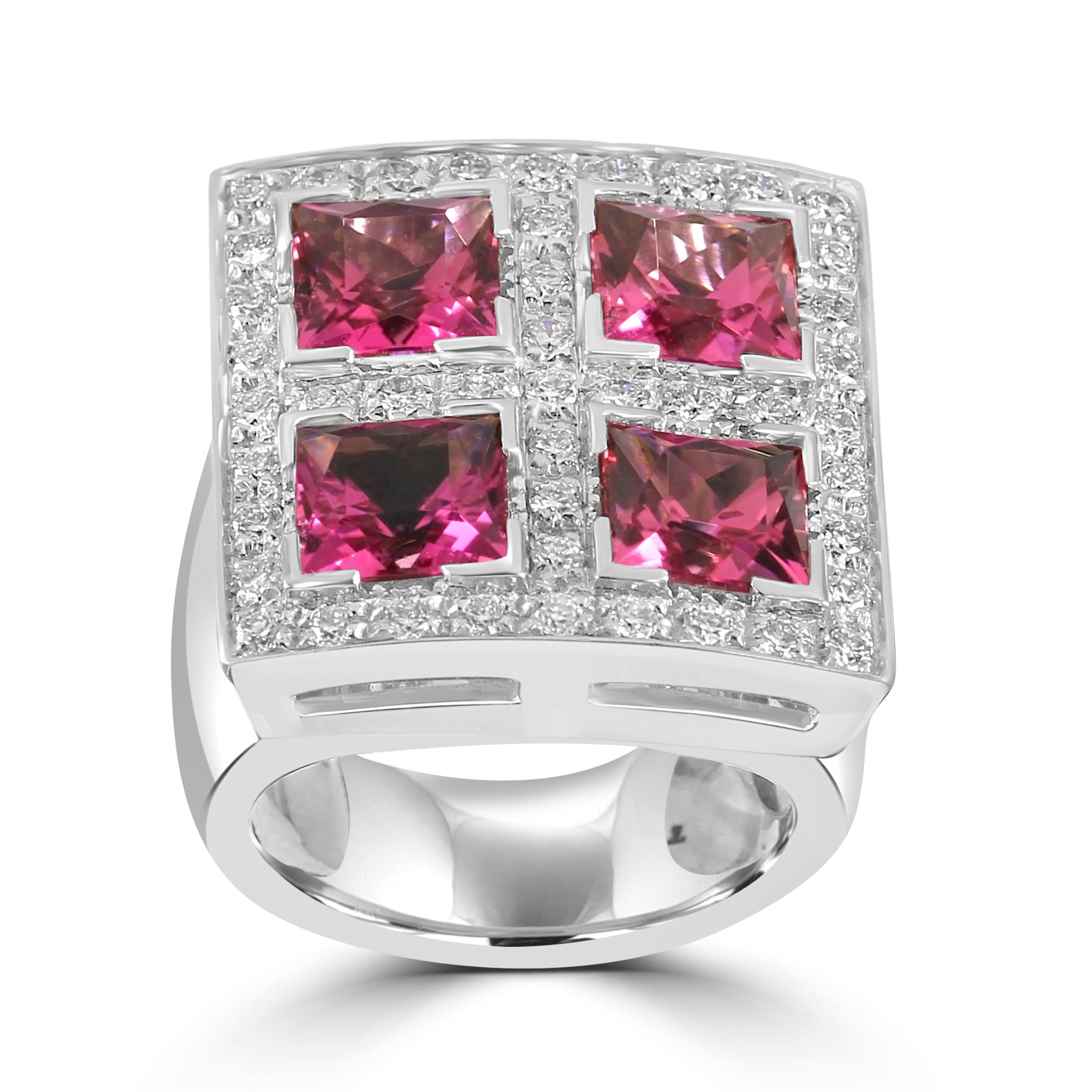 Indulge in the beauty of pink with this extraordinary cocktail fashion ring. 

The unique hue of the pink tourmaline exudes a sense of romance and elegance, making it a captivating stone. The 4 tourmalines in this ring total to 5.96 carats.