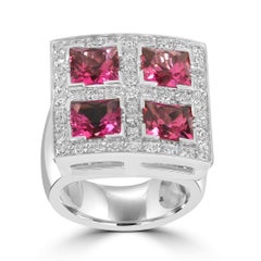 Diamond & Princess Cut Pink Tourmaline 18 Karat White Gold Fashion Cocktail Ring