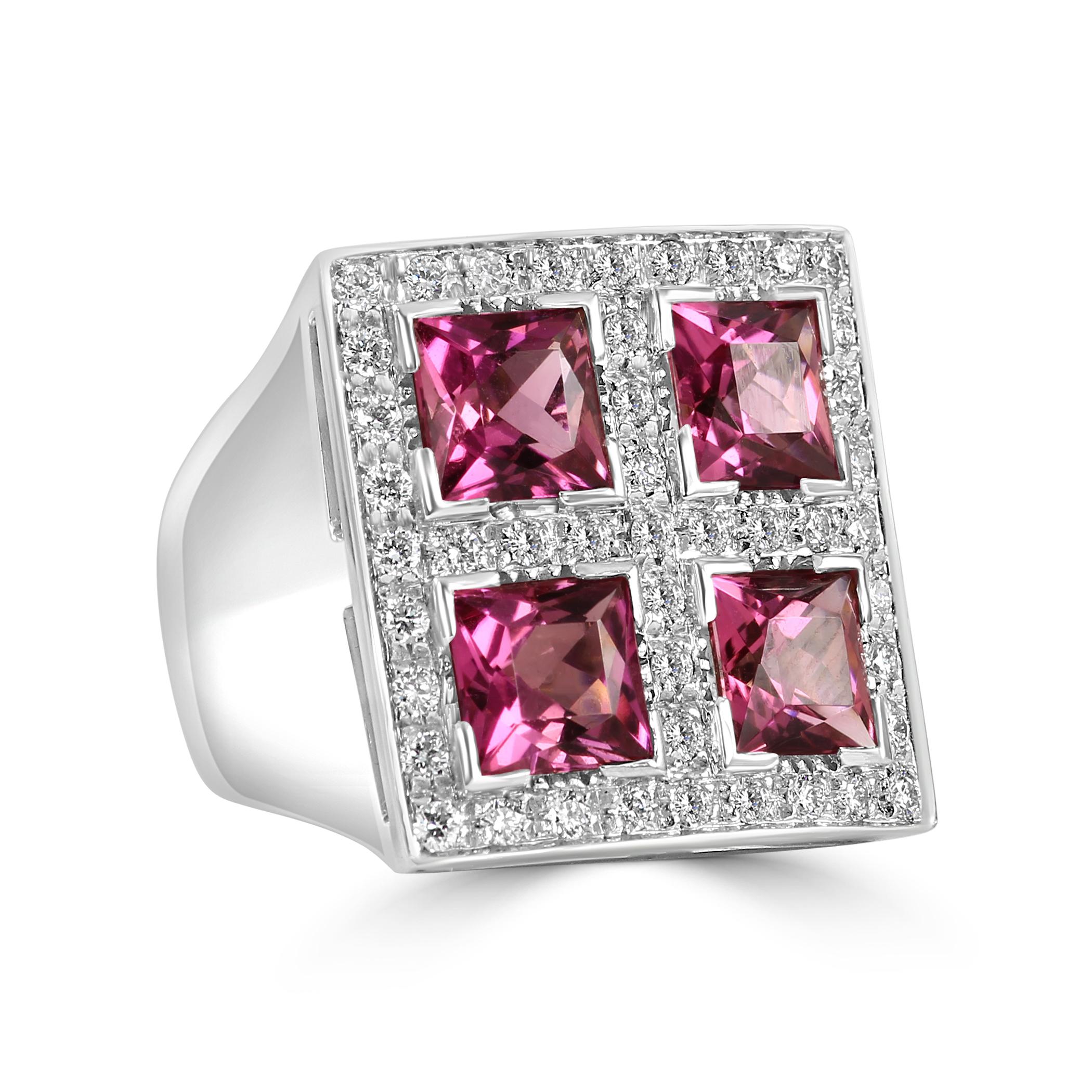 Art Deco Diamond & Princess Cut Pink Tourmaline 18 Karat White Gold Fashion Cocktail Ring For Sale