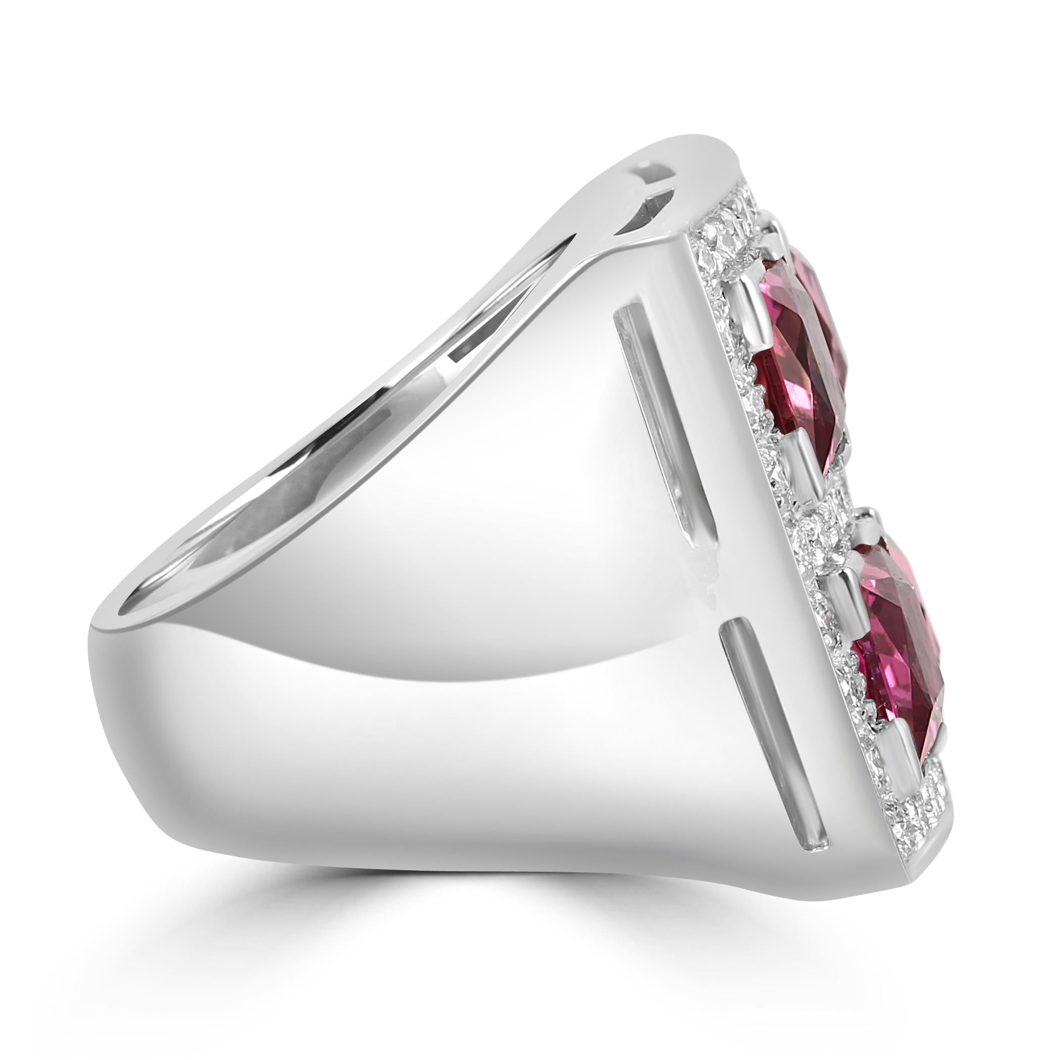 Diamond & Princess Cut Pink Tourmaline 18 Karat White Gold Fashion Cocktail Ring In New Condition For Sale In New York, NY