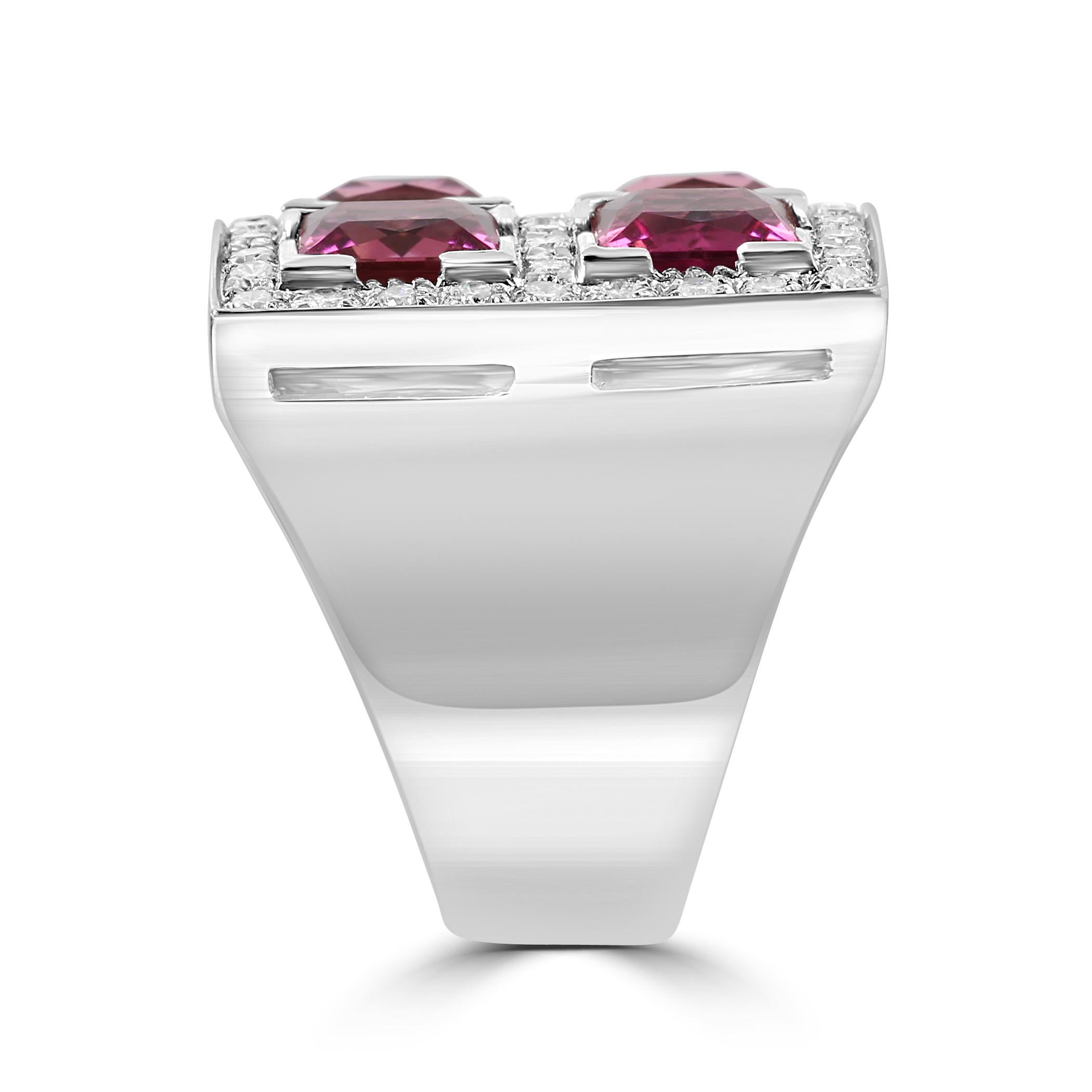 Women's or Men's Diamond & Princess Cut Pink Tourmaline 18 Karat White Gold Fashion Cocktail Ring For Sale