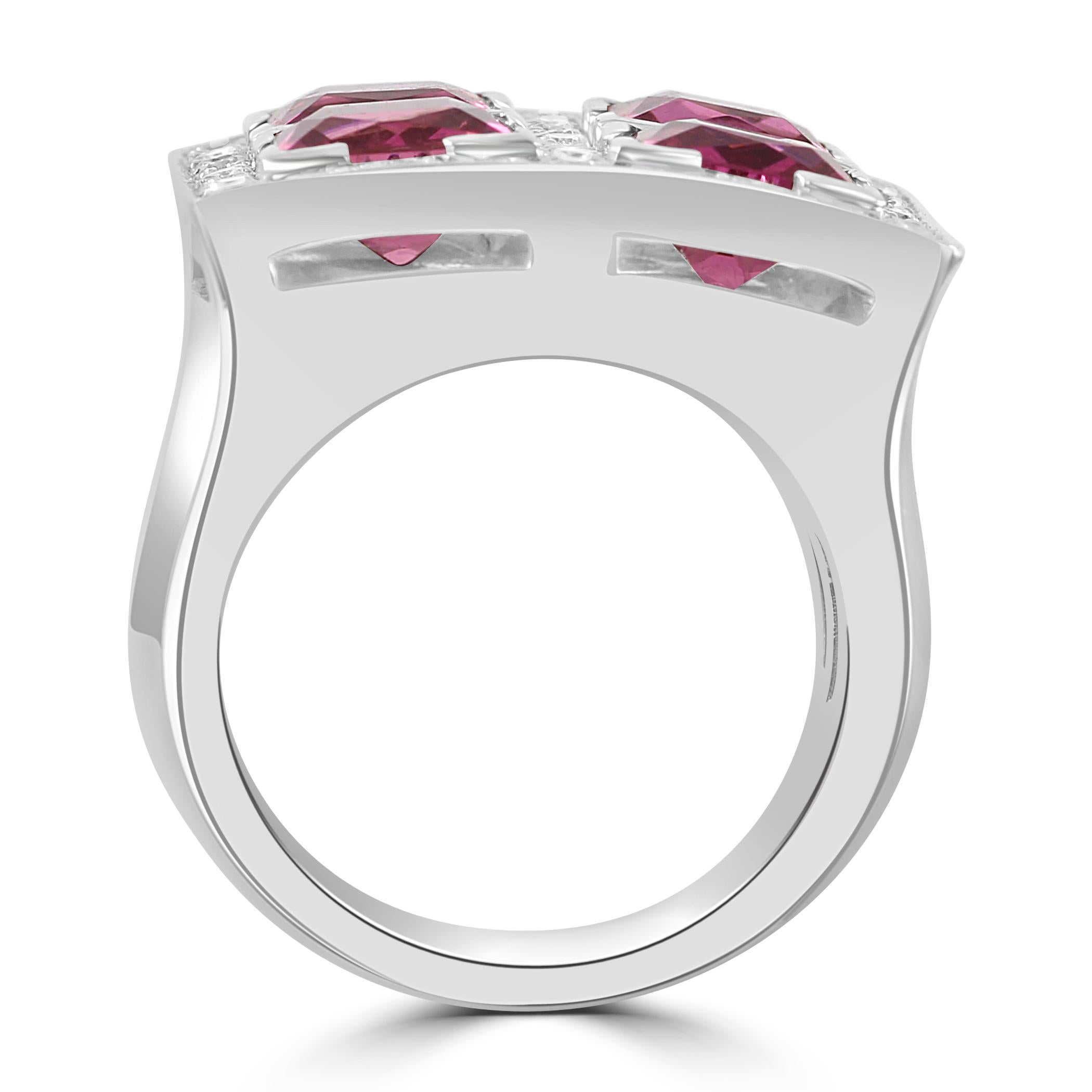 Diamond & Princess Cut Pink Tourmaline 18 Karat White Gold Fashion Cocktail Ring For Sale 1