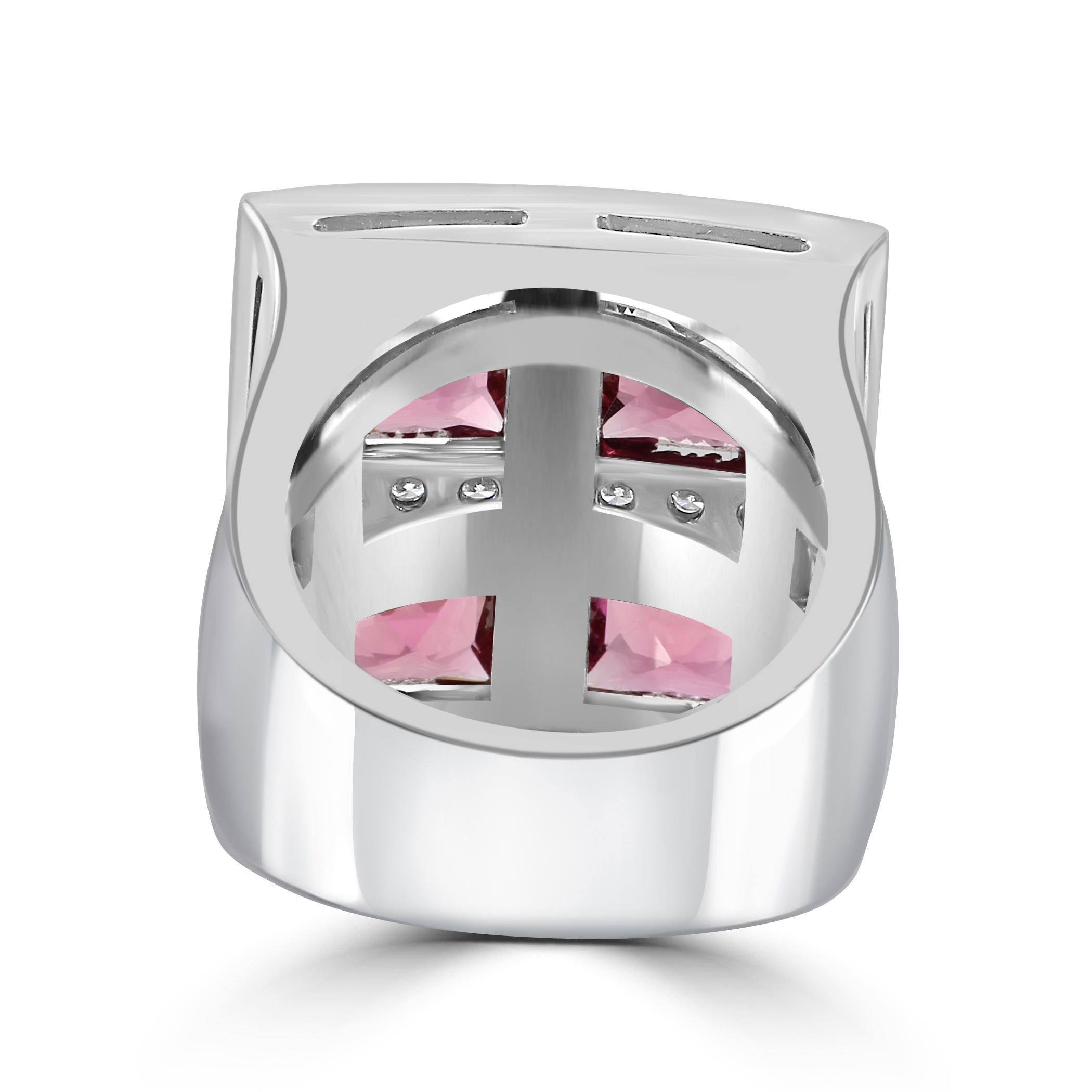 Diamond & Princess Cut Pink Tourmaline 18 Karat White Gold Fashion Cocktail Ring For Sale 3
