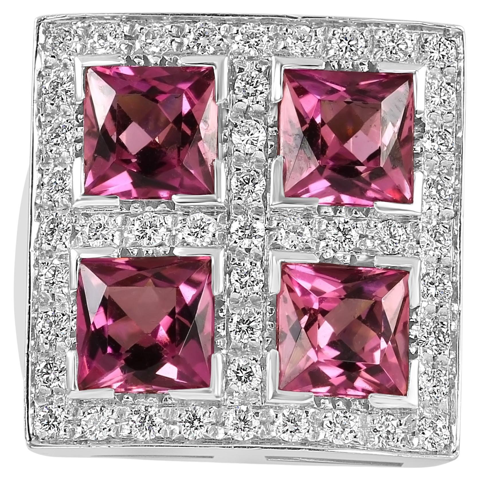 Diamond & Princess Cut Pink Tourmaline 18 Karat White Gold Fashion Cocktail Ring