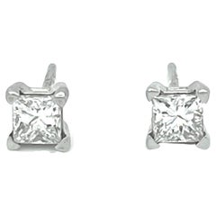 Diamond Princess Cut Stud Earrings 0.94 Carats GIA Certified 14K White Gold