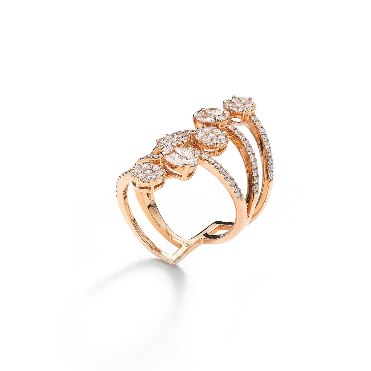 Ring in 18kt pink gold set with 10 marquise and princess cut diamonds  0.49 cts and 110 diamonds 1.03 cts Size 53