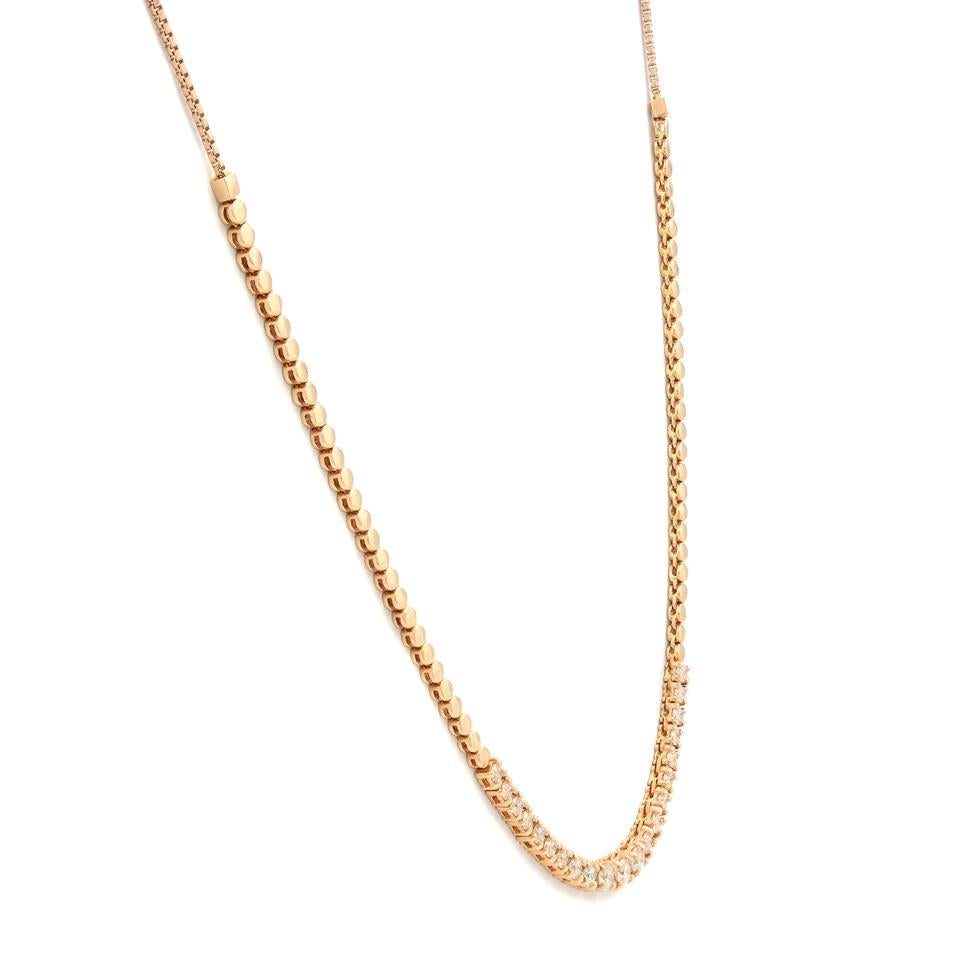 This dazzling diamond link bolo necklace is perfect for a shimmering evening look. Crafted in fine 14K rose gold, the design sparkles with an interlocking diamond-lined tennis necklace. Encrusted with 1.40cts of prong set diamonds and a brilliant