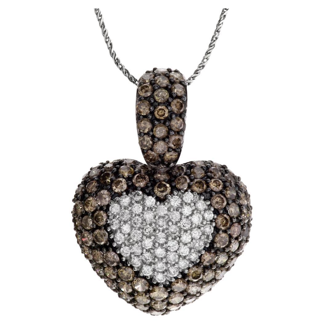 Diamond Puff Heart Necklace 18k, with Approximately 2 Carats in Champagne For Sale