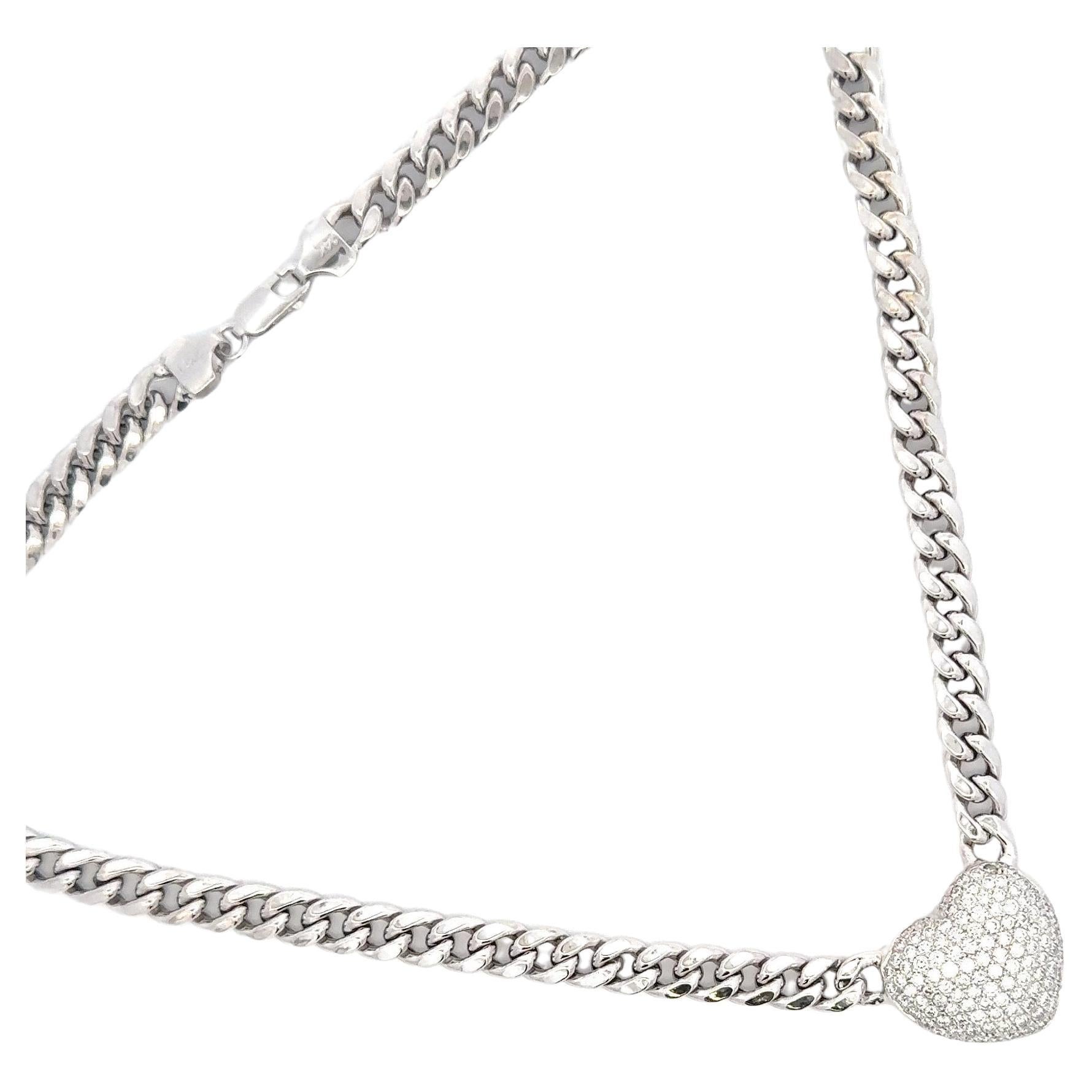 Round Cut Diamond Puffed Heart Pave on Cuban Chain 14 Karat White Gold 2.30 CTS F-G VS1-2 For Sale