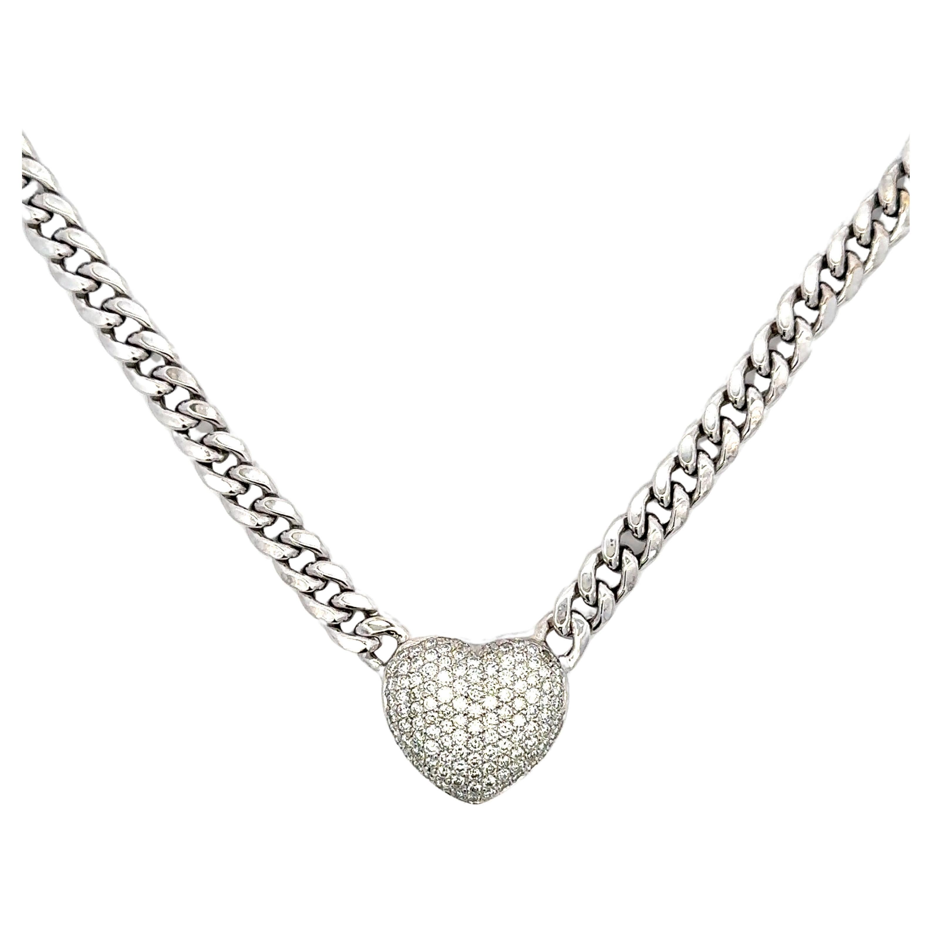 Diamond Puffed Heart Pave on Cuban Chain 14 Karat White Gold 2.30 CTS F-G VS1-2 For Sale