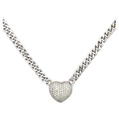 Diamond Puffed Heart Pave on Cuban Chain 14 Karat White Gold 2.30 CTS F-G VS1-2
