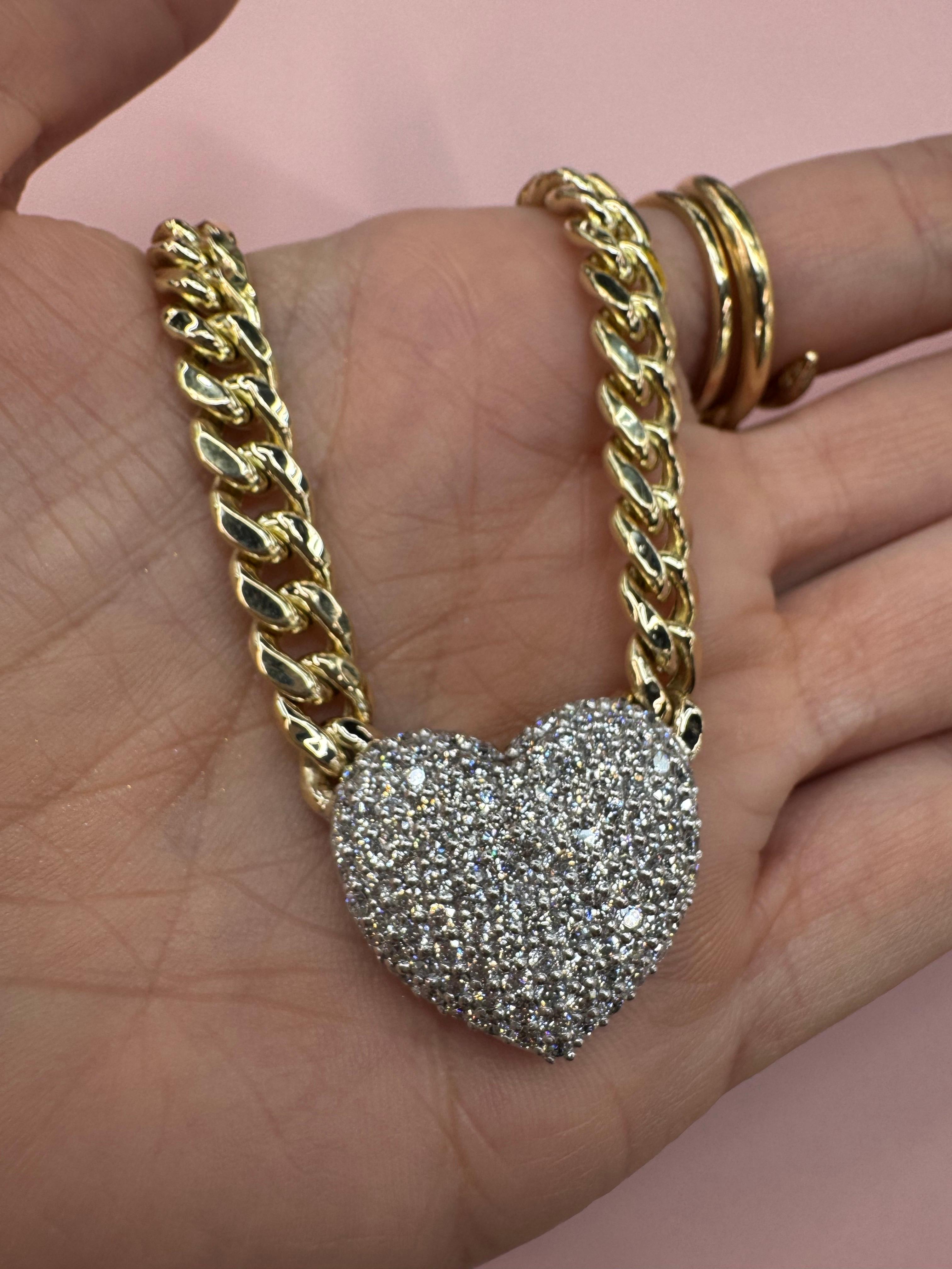 Cuore soffiato con pavé di diamanti su catena cubana in oro bianco 14 carati 2,49 CTS G SI1-2 in vendita 2
