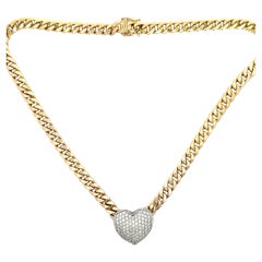 Diamant Puffed Heart Pave sur chaîne cubaine en or blanc 14 carats 2.49 CTS G SI1-2